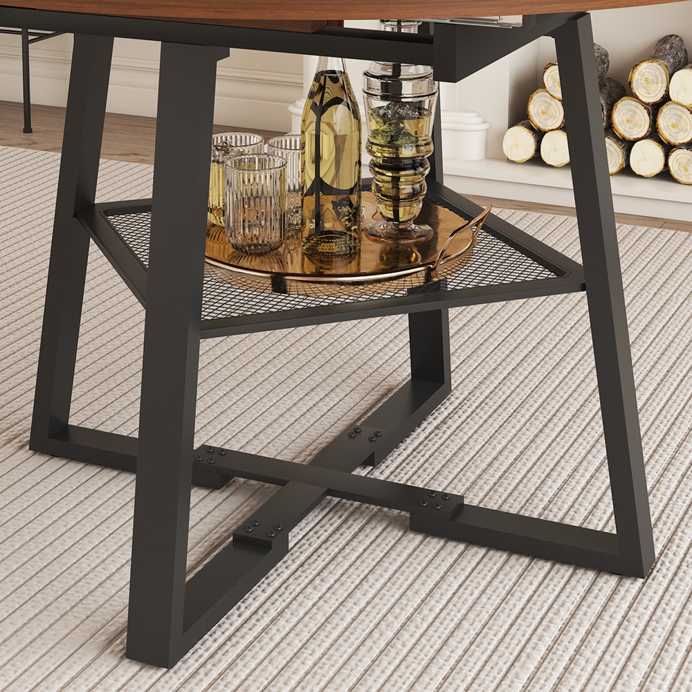 Round Dining Table with Storage Function Extendable with Metal Frame