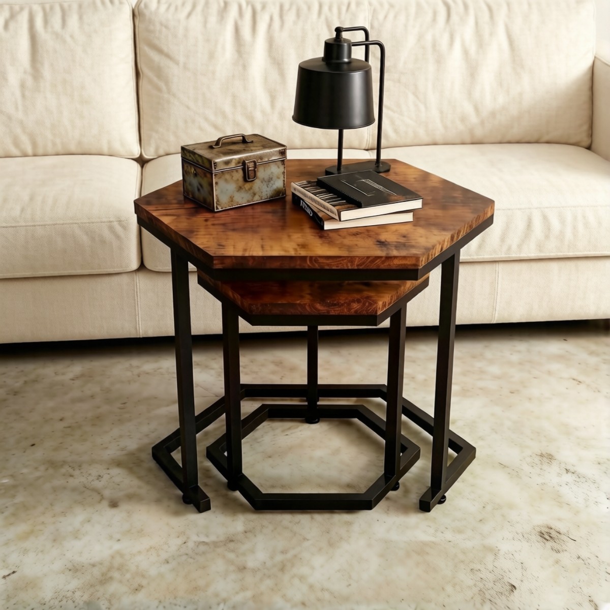 2pcs MDF Board Side End Table Nested Table Metal Frame Coffee Table Nightstands