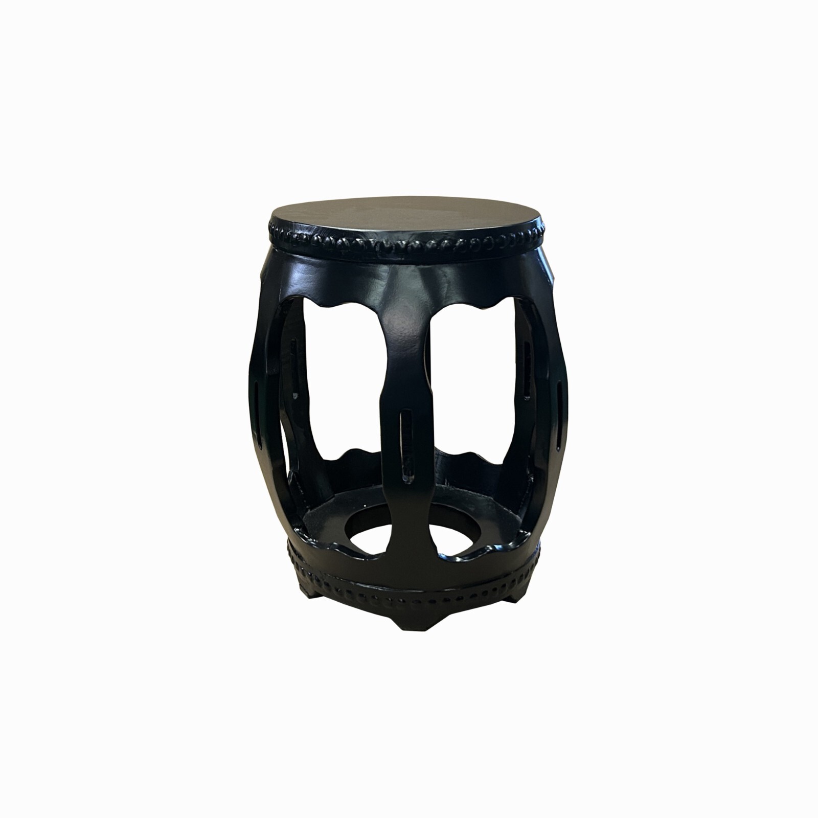 Chinese Black Lacquer Wood Open Ru Yi Bar Round Barrel Stool cs7708