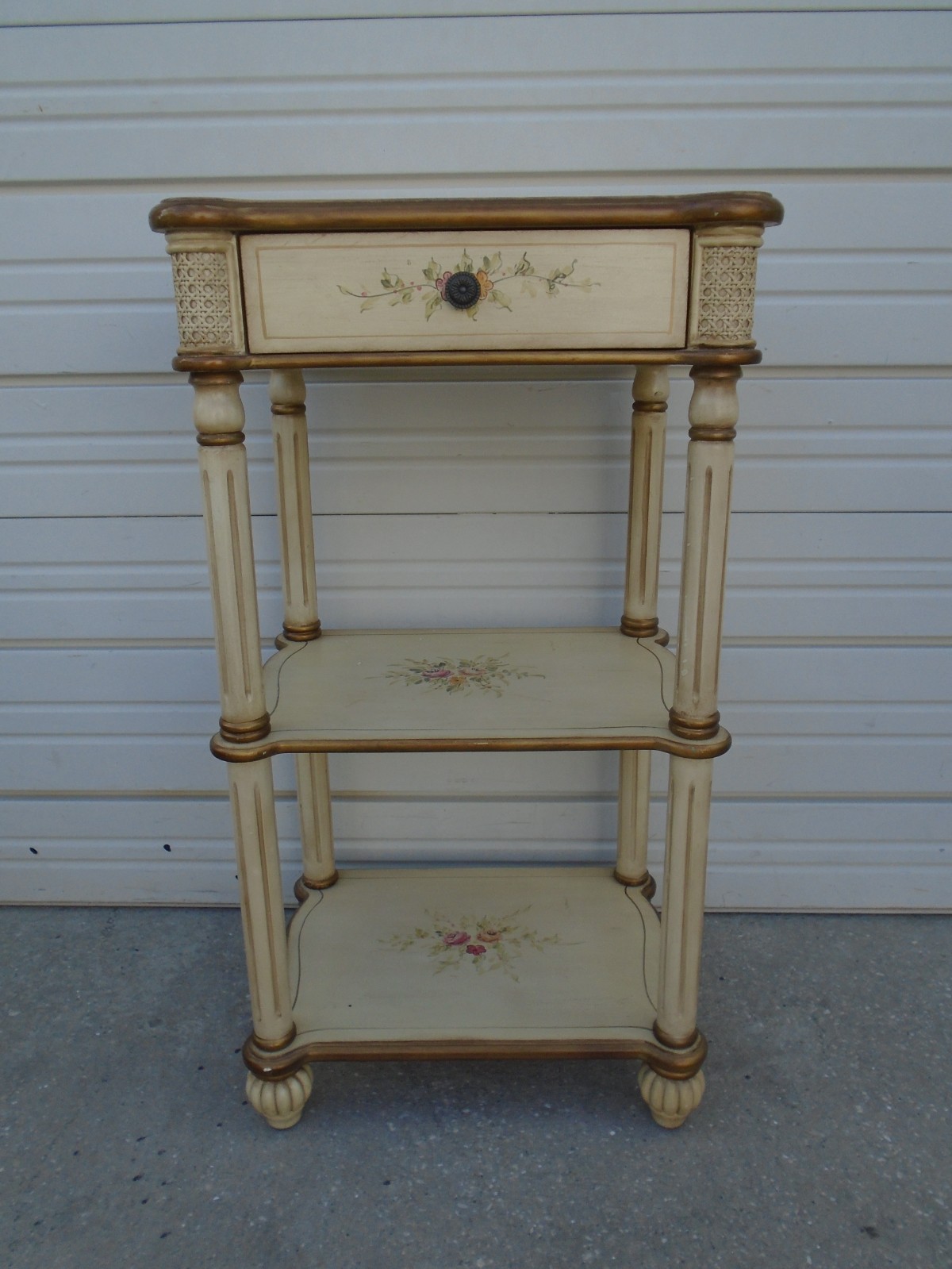 Tall 3-tier Side Table French End Cane Floral Console Provincial Repro Louis XVI