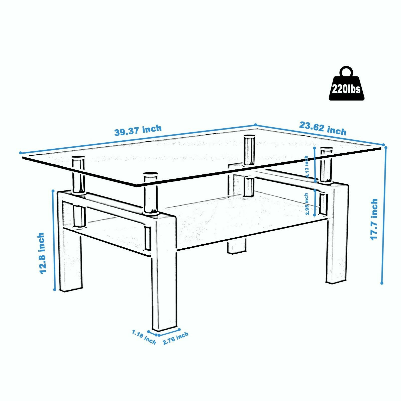 Modern Side Center Tables Rectangle Coffee Table Glass Living Room With Shelf