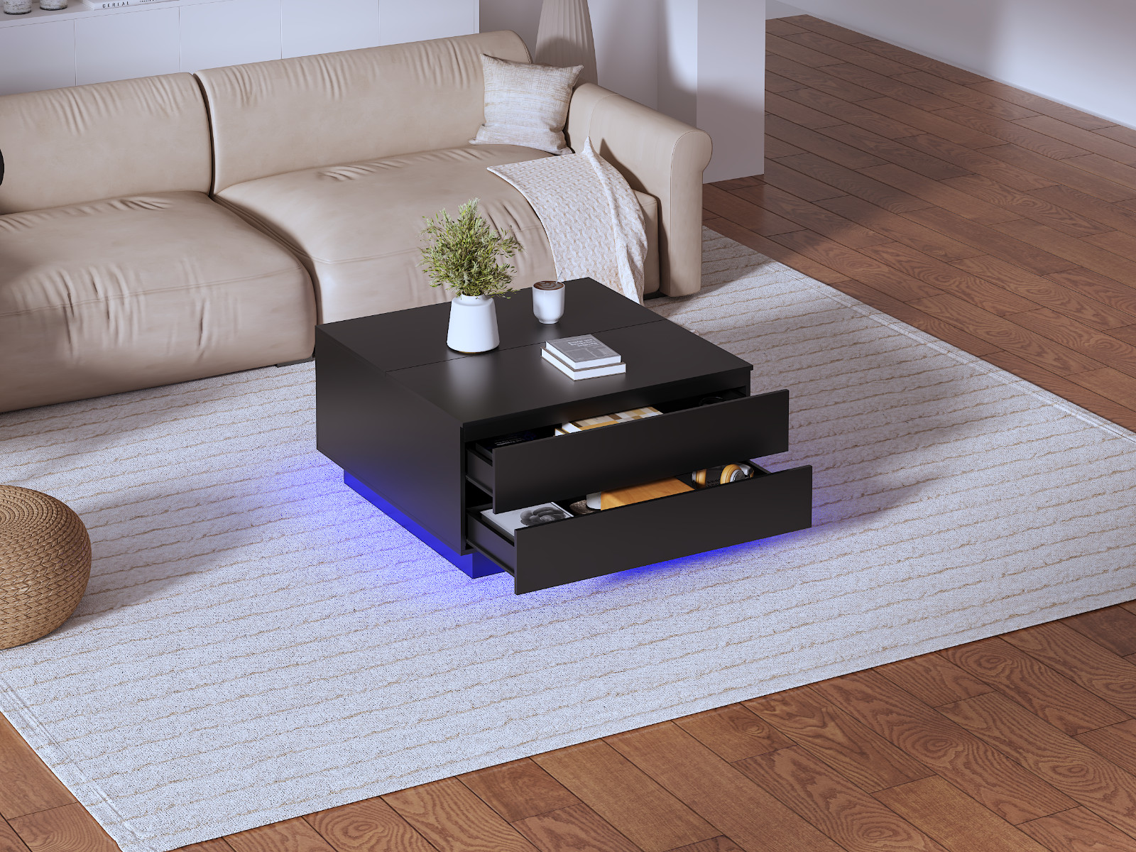 Square LED Coffee Table White Hinged Doors 30.7″x30.7″x15.8″