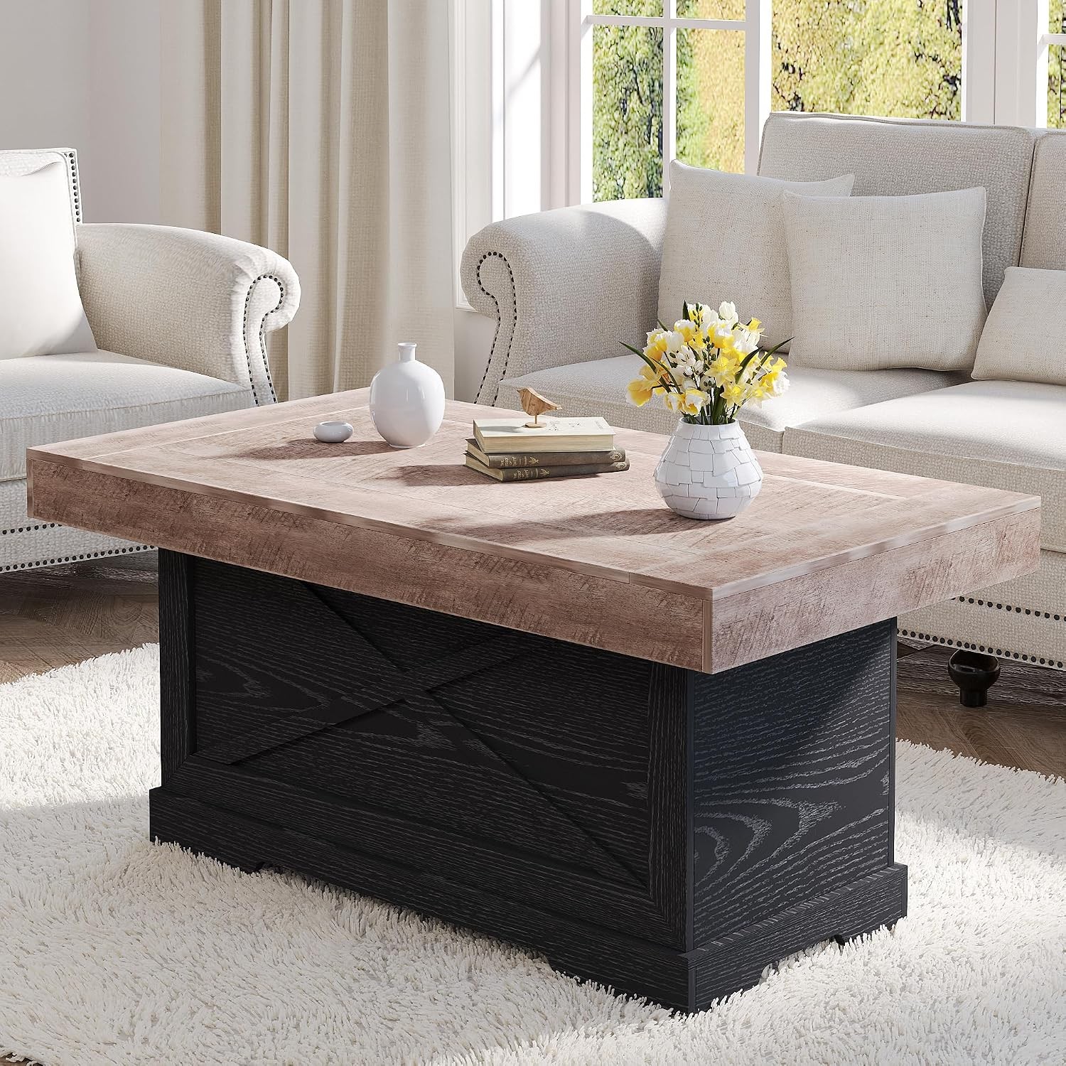 Coffee Table 39 in Rustic Center Table W/ X-Design Wooden Pedestal Living Room