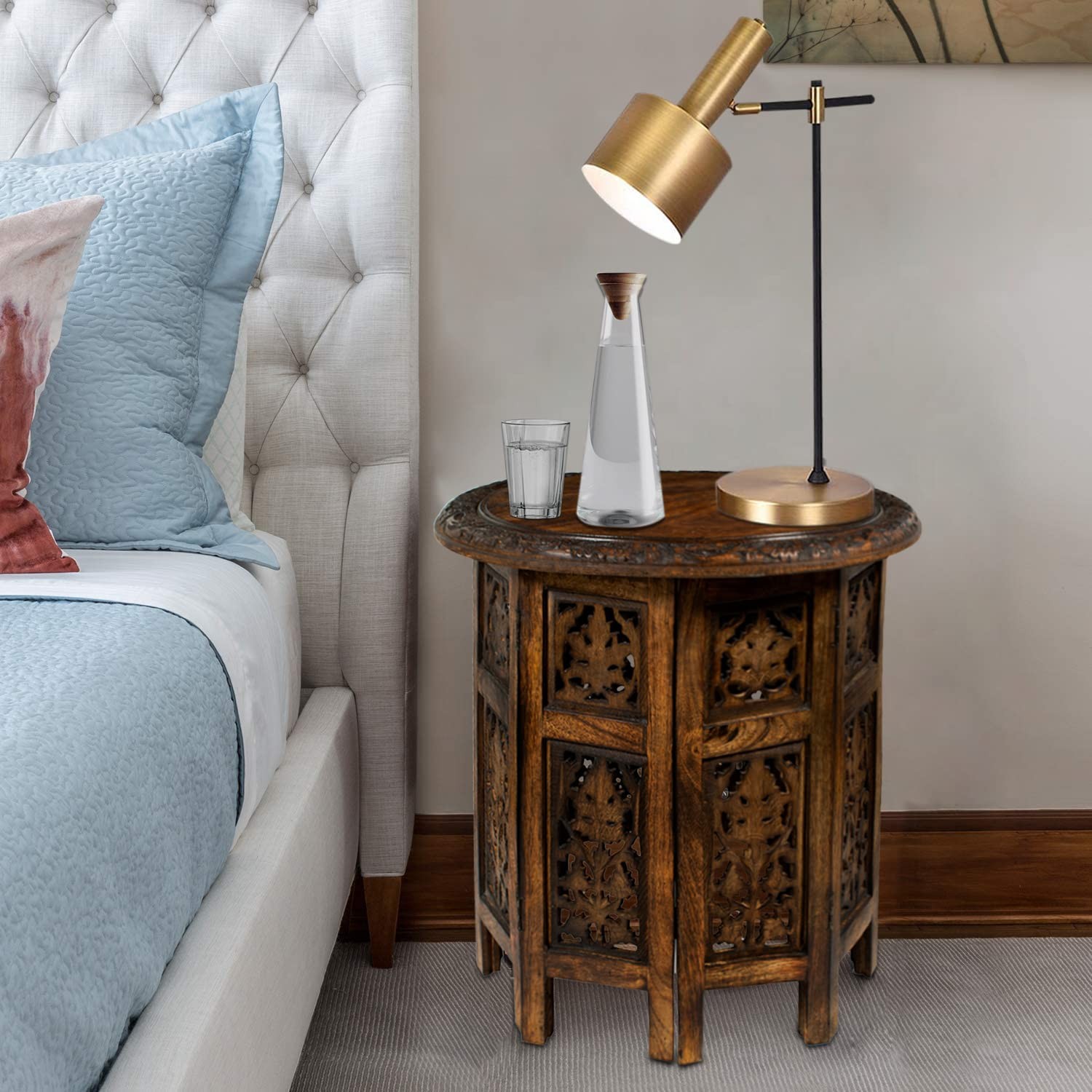 Solid Wood Accent End Table – Hand Carved Vintage Boho Folding Side Table – S…
