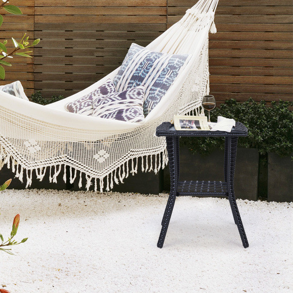 Glass Top Wicker Patio End Table 2-Tier Storage Side Table Indoor Outdoor Use