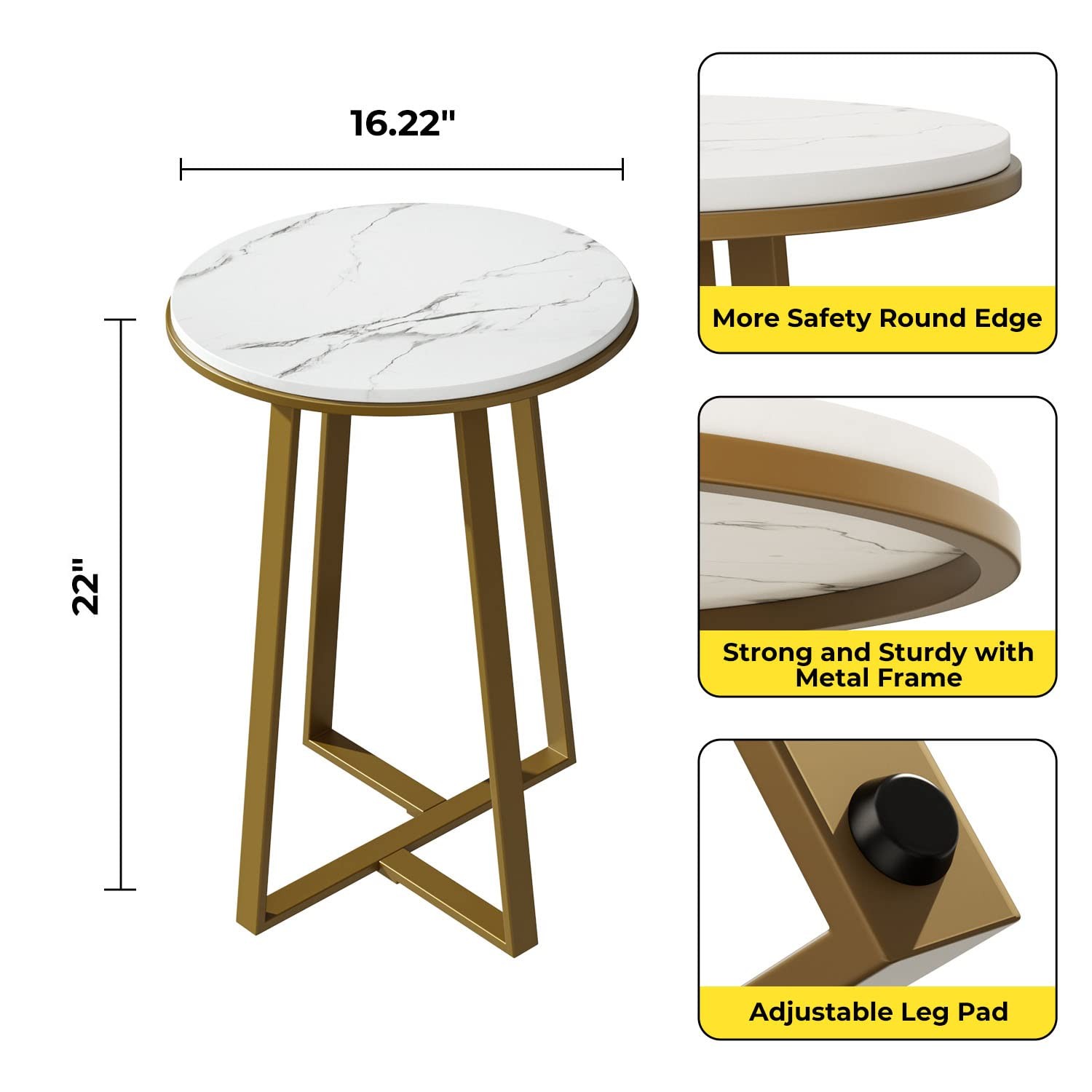 Round End Tables, Small Side Table White Marble Texture MDF ,Metal Frame Gold Co