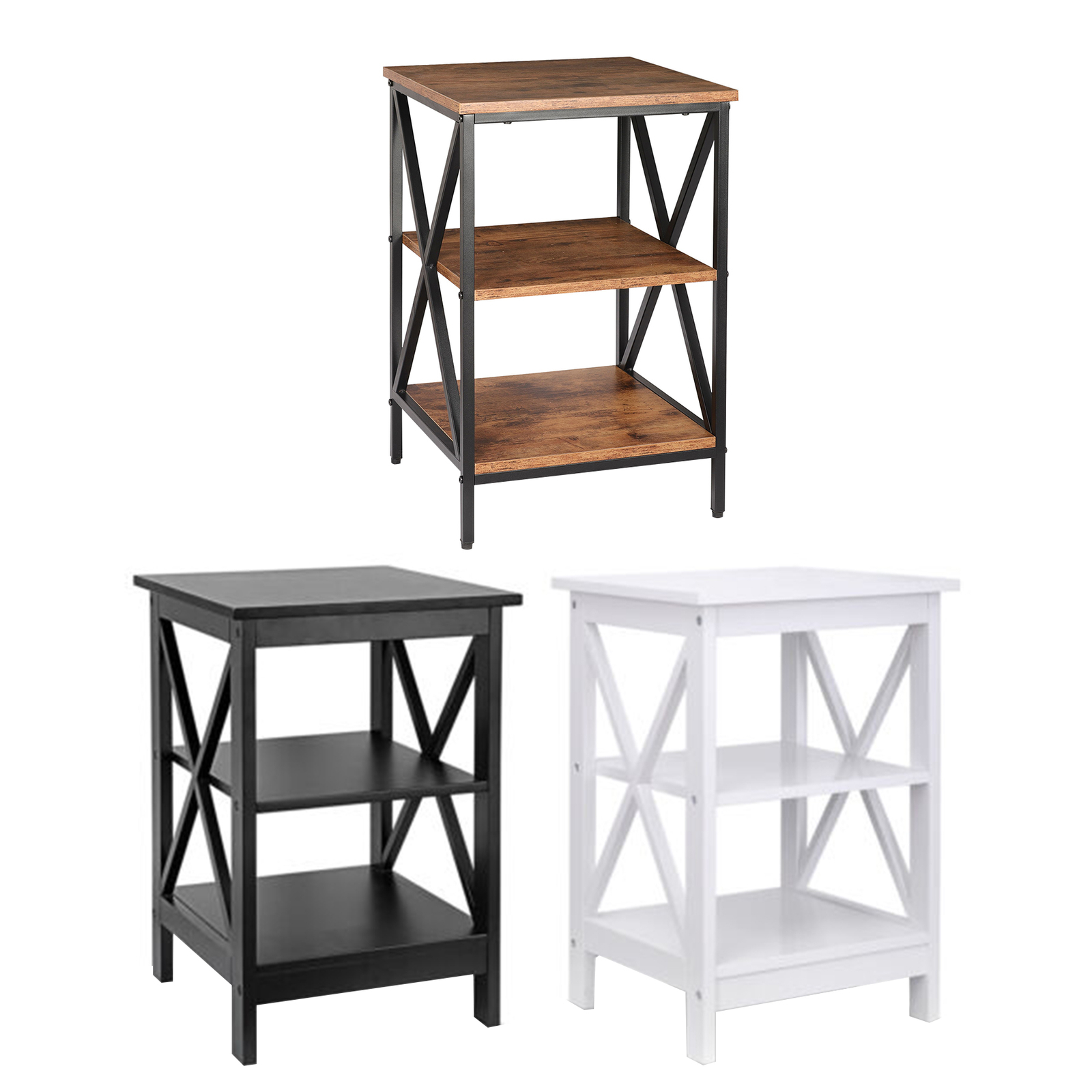 3-Tier Side Table 24″ End Table X-Design with Storage Shelves Black/White/Brown