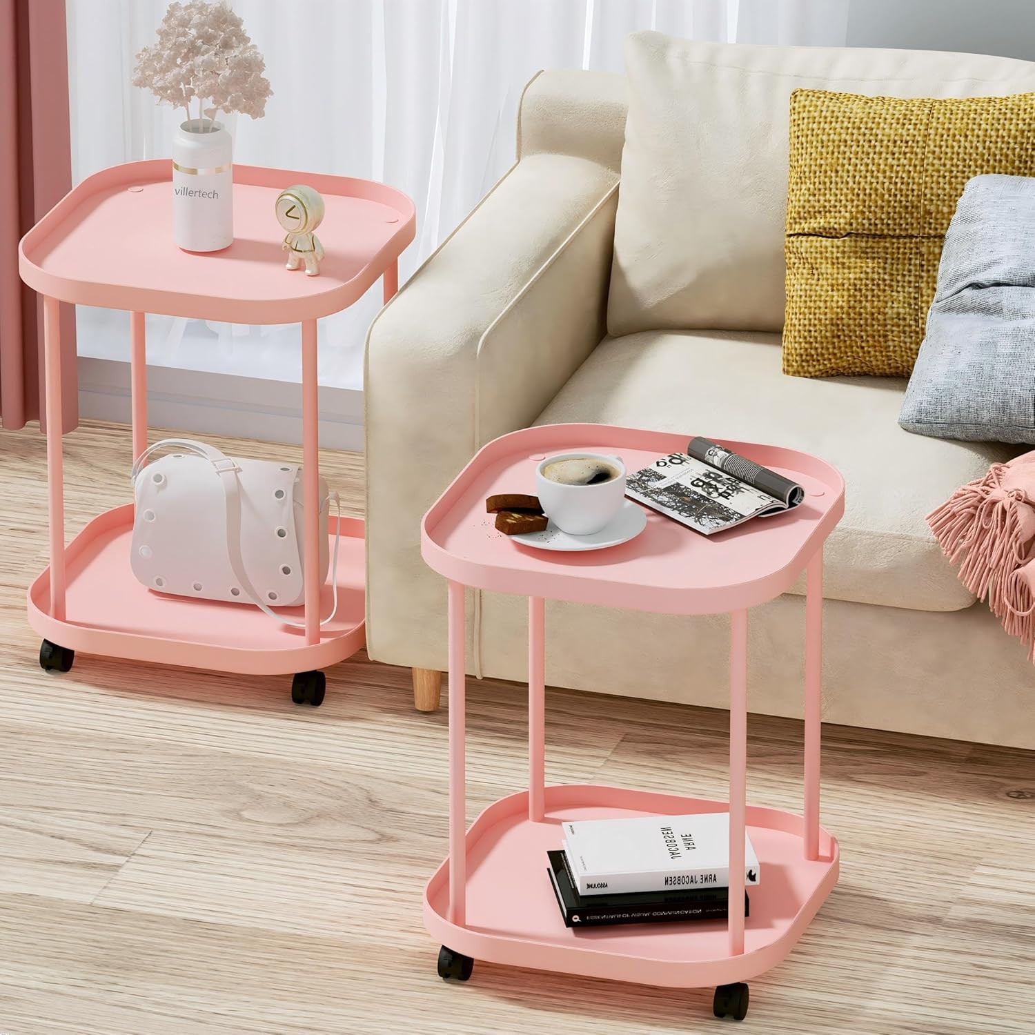 Pink Mobile Side Table with Wheels – 2 Pack for Living Room & Bedroom