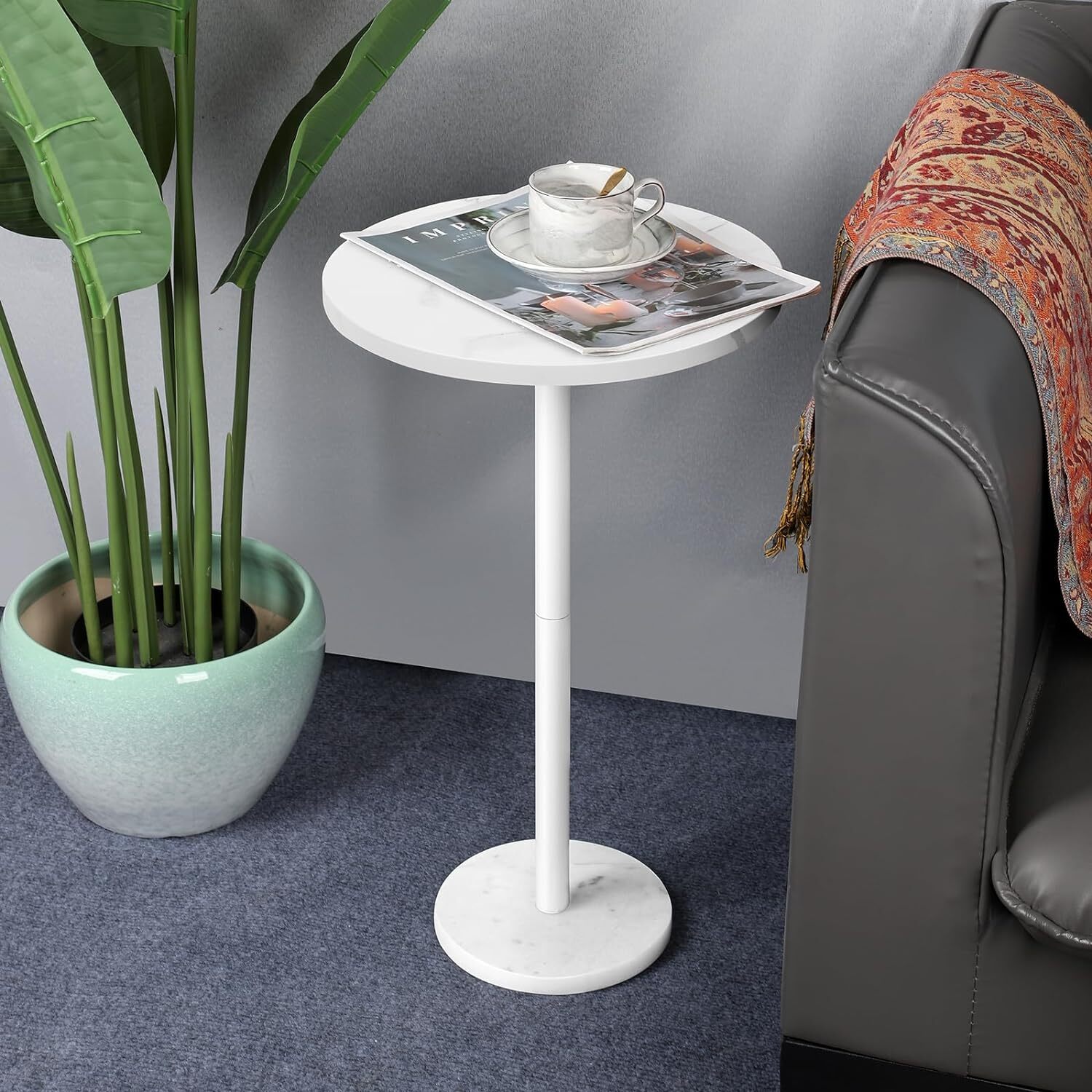 Small Drink Table for Small Spaces Round End Table w/Marble Base for Sofa Couch
