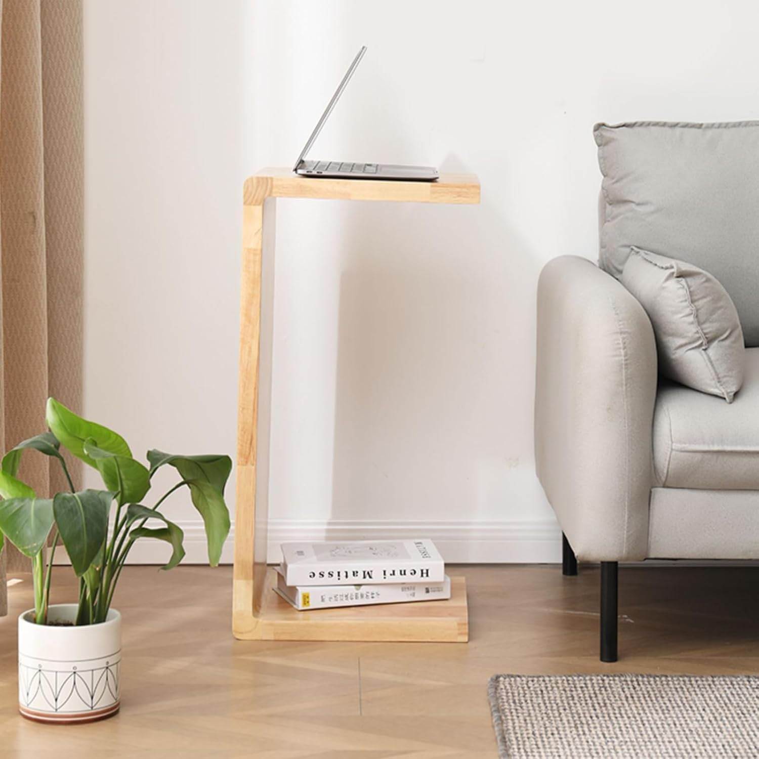 C Shaped Solid Wood End Table – Space-Saving Snack Table for Any Room