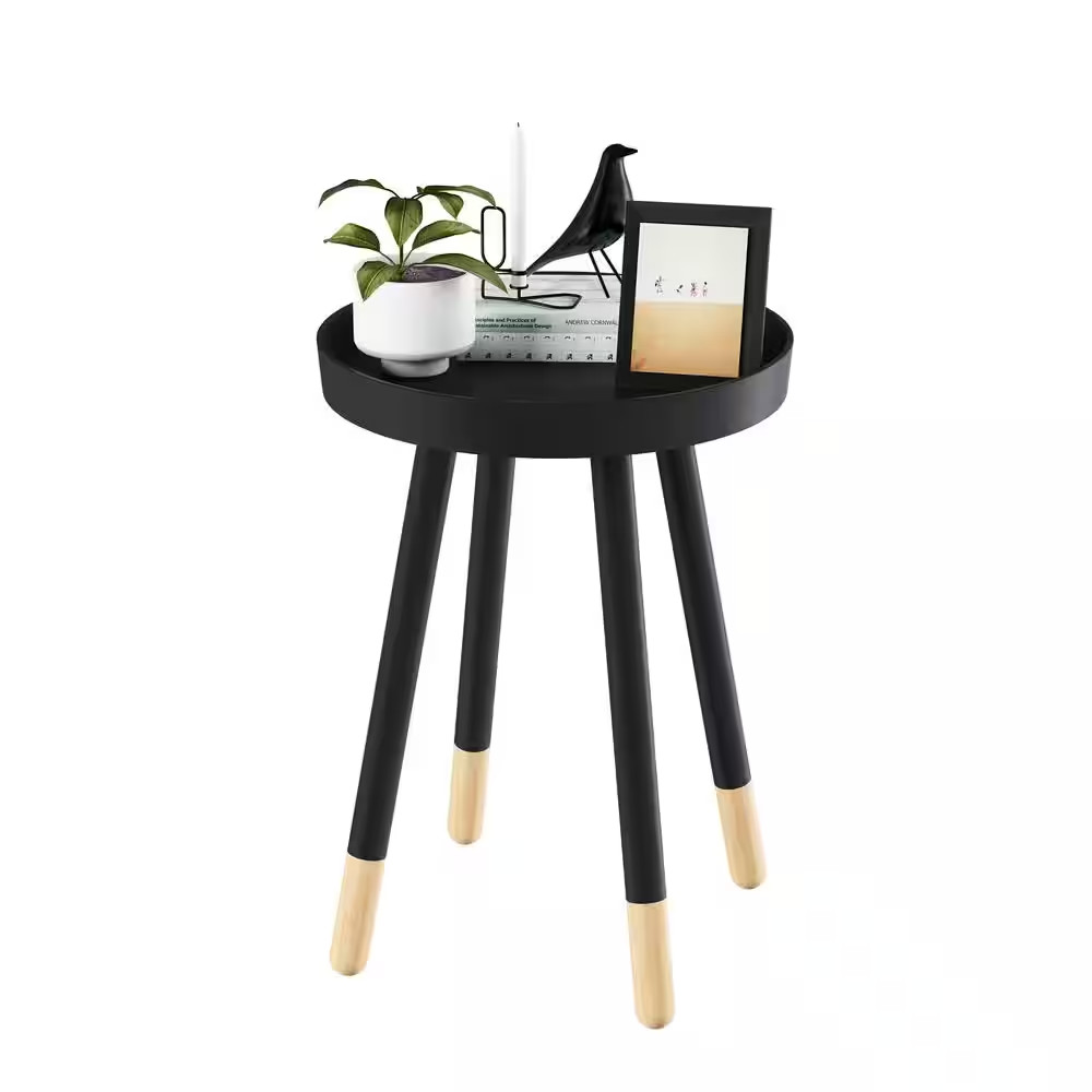 Black 17 In. round End Table, Wooden Mid-Century Modern Stand with Tray Top to D