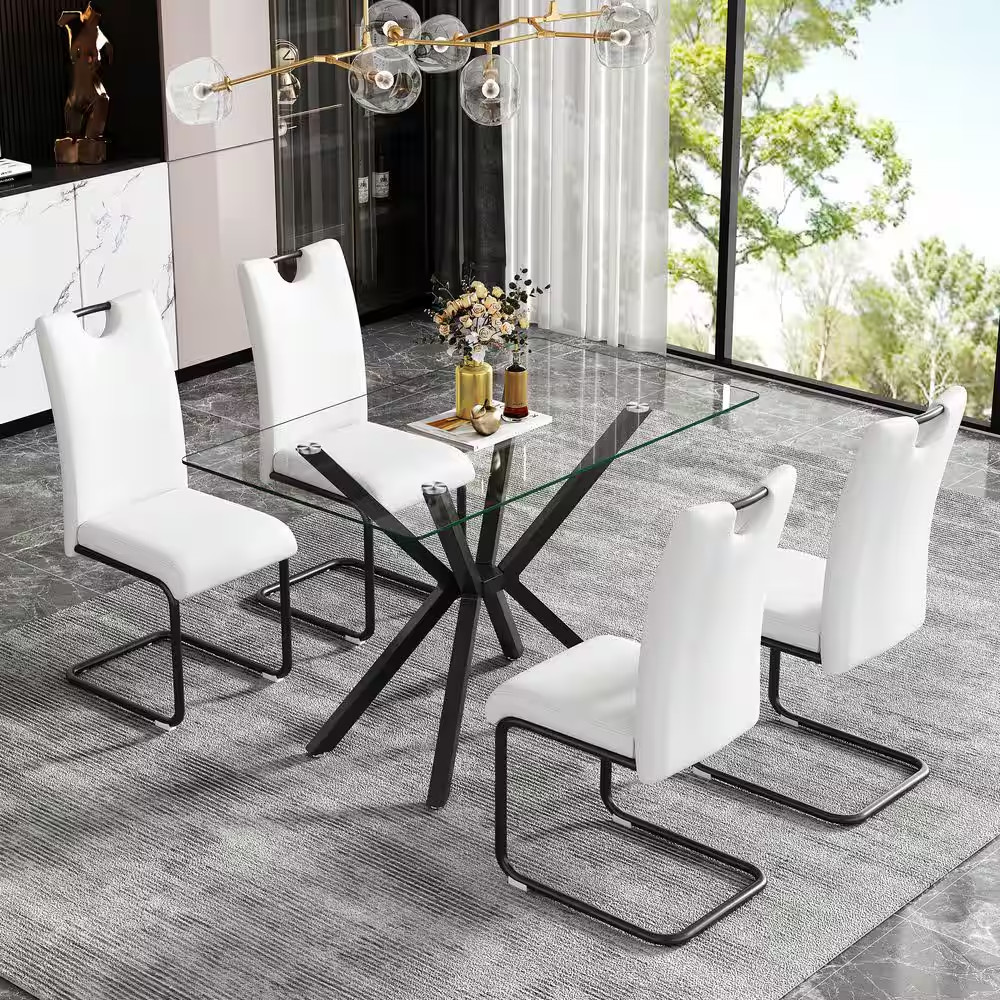 47.24 In. Rectangular Clear Tempered Glass Table with Adjustable Black Metal Cro
