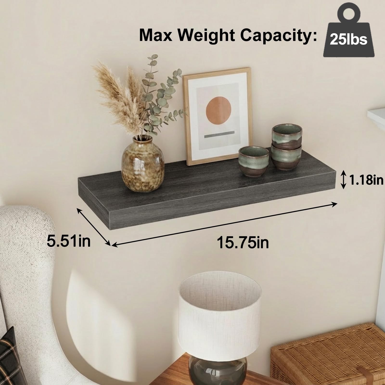 Fixwal 15.8in Floating Shelves, 15.8 Inches X 5.5 X 1.2 Inches, Grey