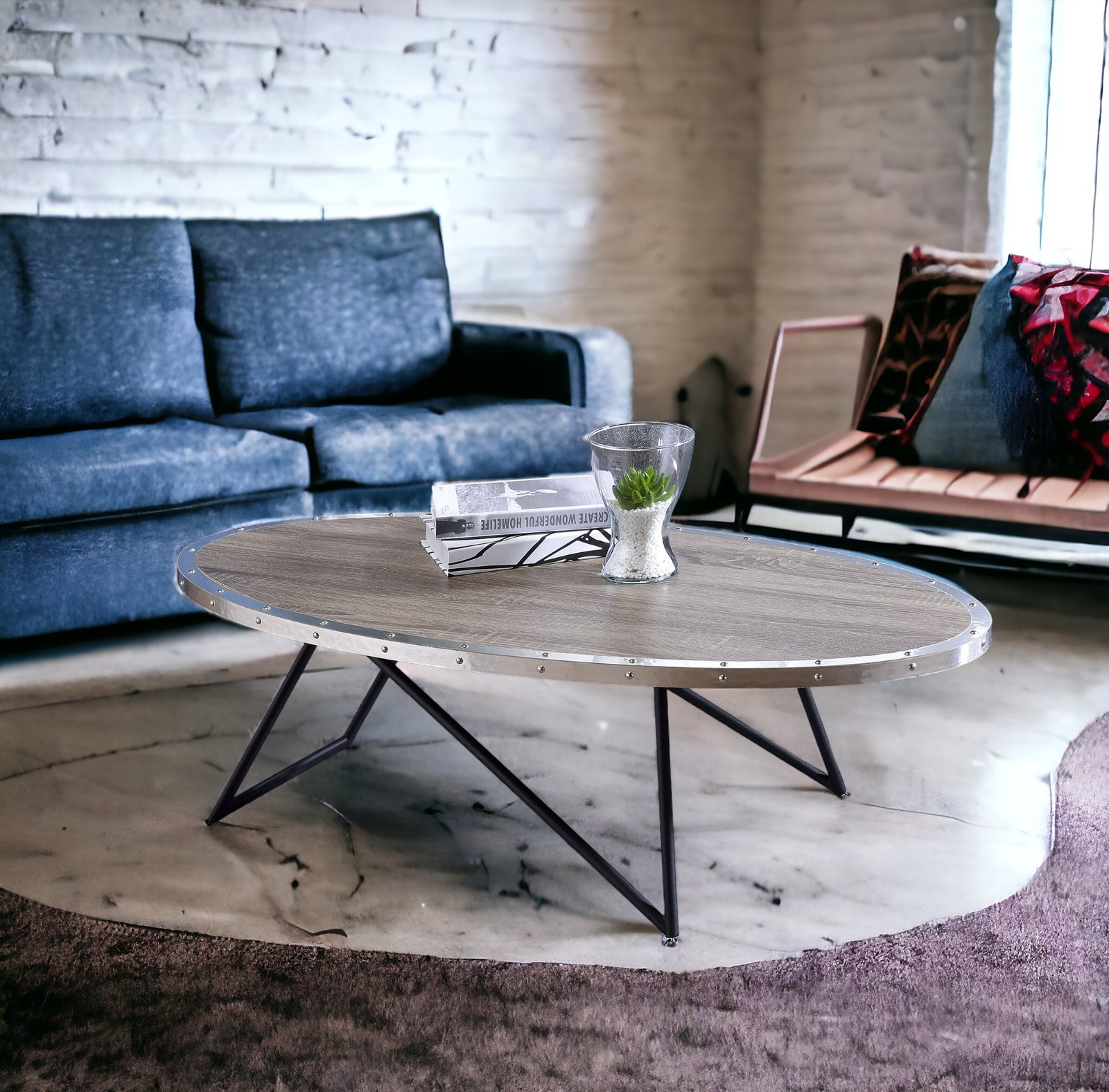 Weathered Gray Oak & Metal Oval Coffee Table 46″L x 23″W