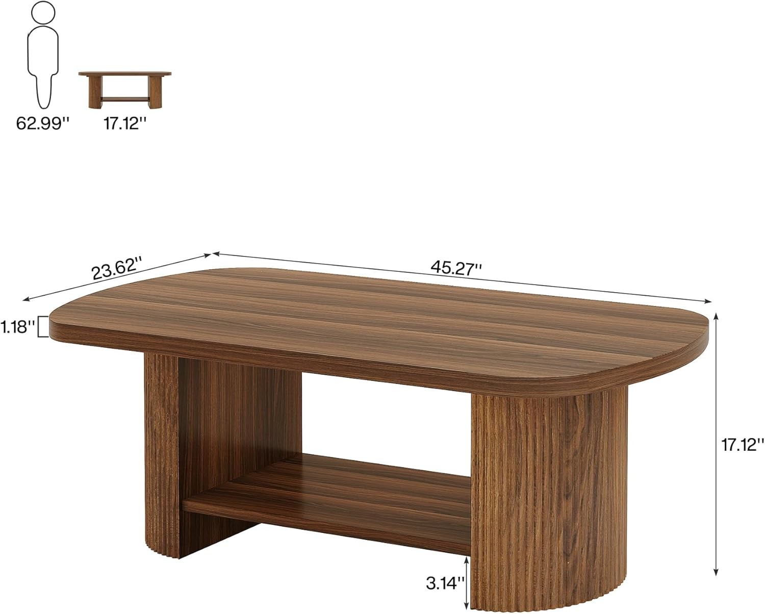 115CM Wood Oval Coffee Table, Mid-Century 2-Tier Coffee Table with Storage Shelf