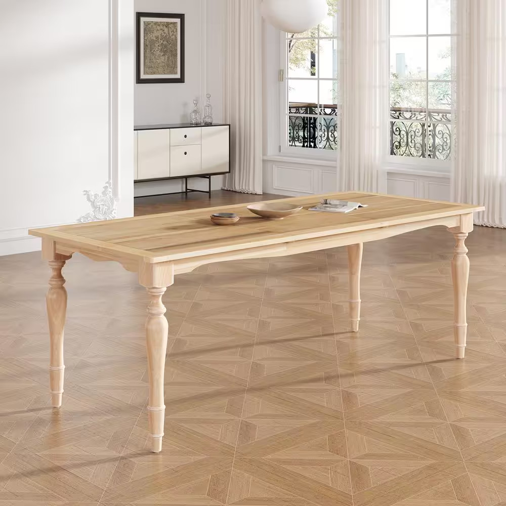Natural Color Wood 82.7 In. 4-Legs Extendable Dining Table Seats 8 with 23.6 In.
