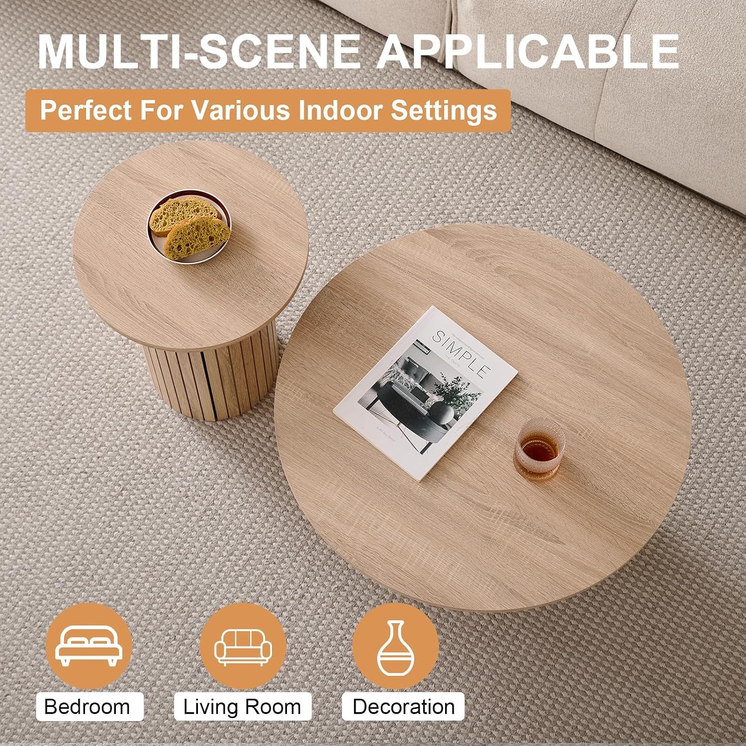 Round Nesting Coffee Tables for Living Room, Set of 2, Natural | φ27.6 + φ15.8