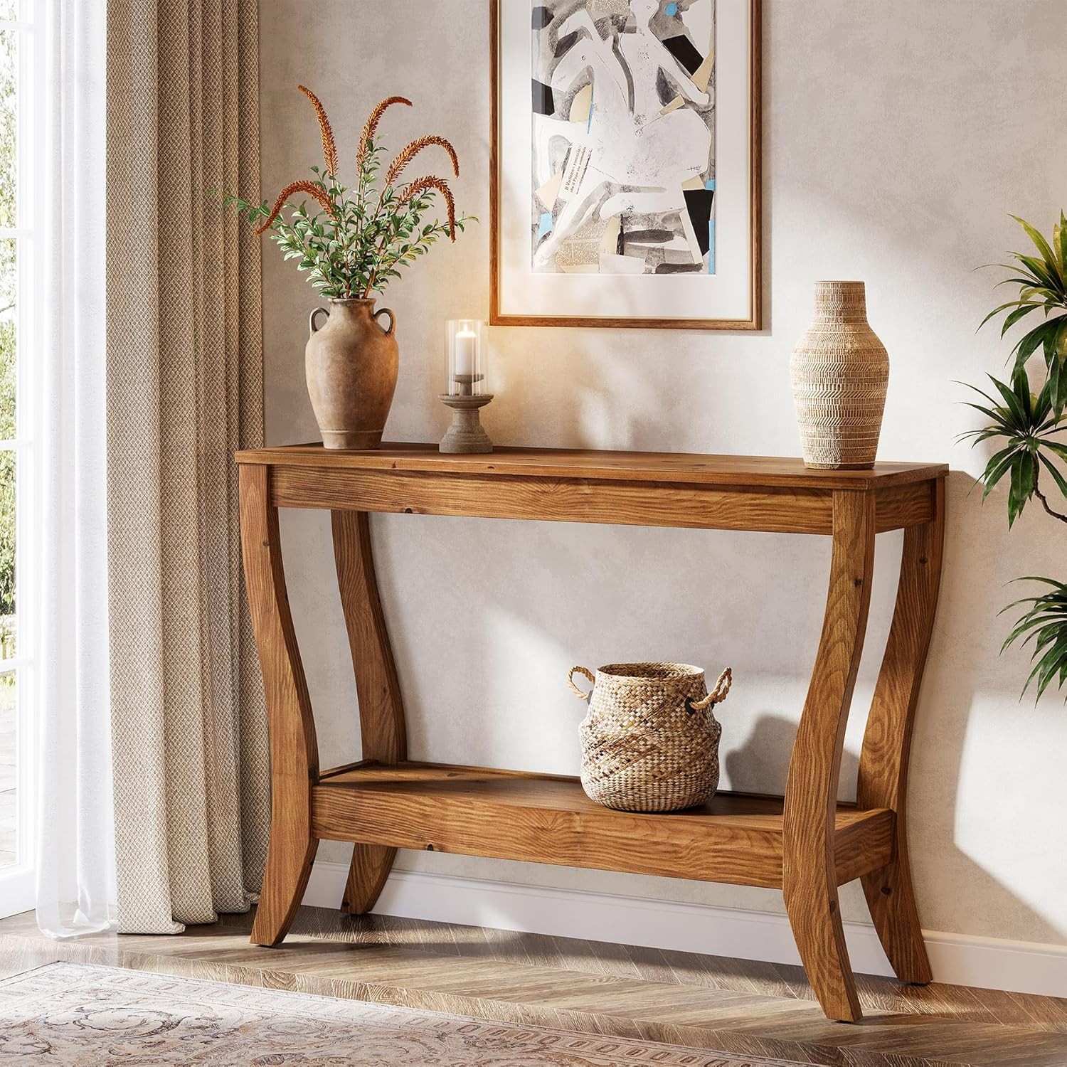 41.3” Solid Wood Console Table Modern 2-Tier Wooden Entryway Table with Storage