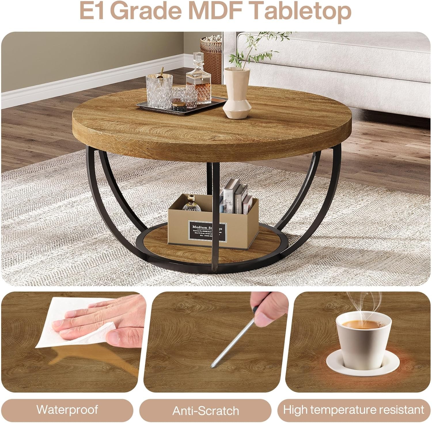 2-Tier Round Coffee Table Industrial Circle Wooden Center Table For Living Room