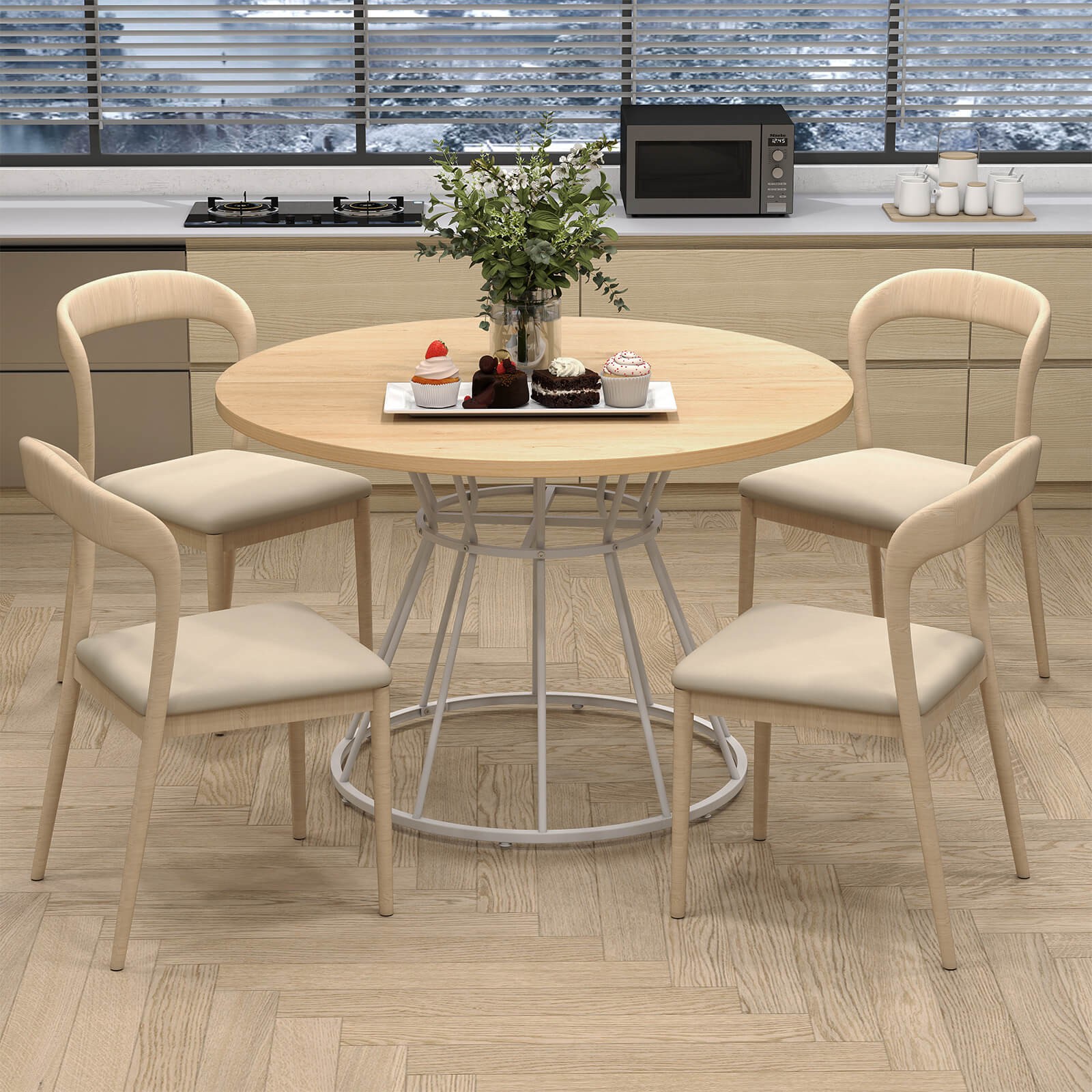 47” Round Dining Table with Wooden Tabletop, Metal Base for Home Dining Room