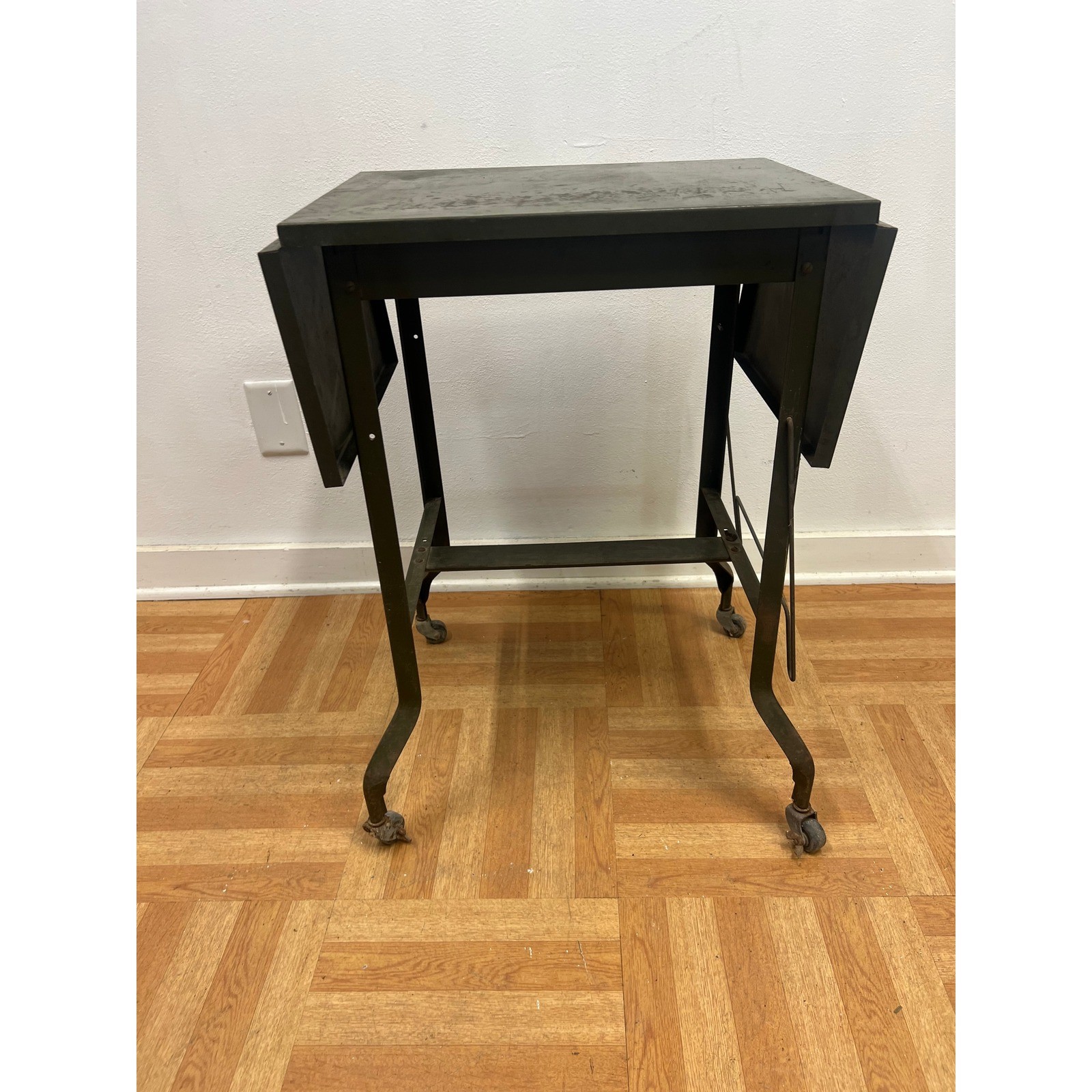 Vintage Industrial Metal Rolling Typewriter Table Plant Stand Drop Leaf Green 50