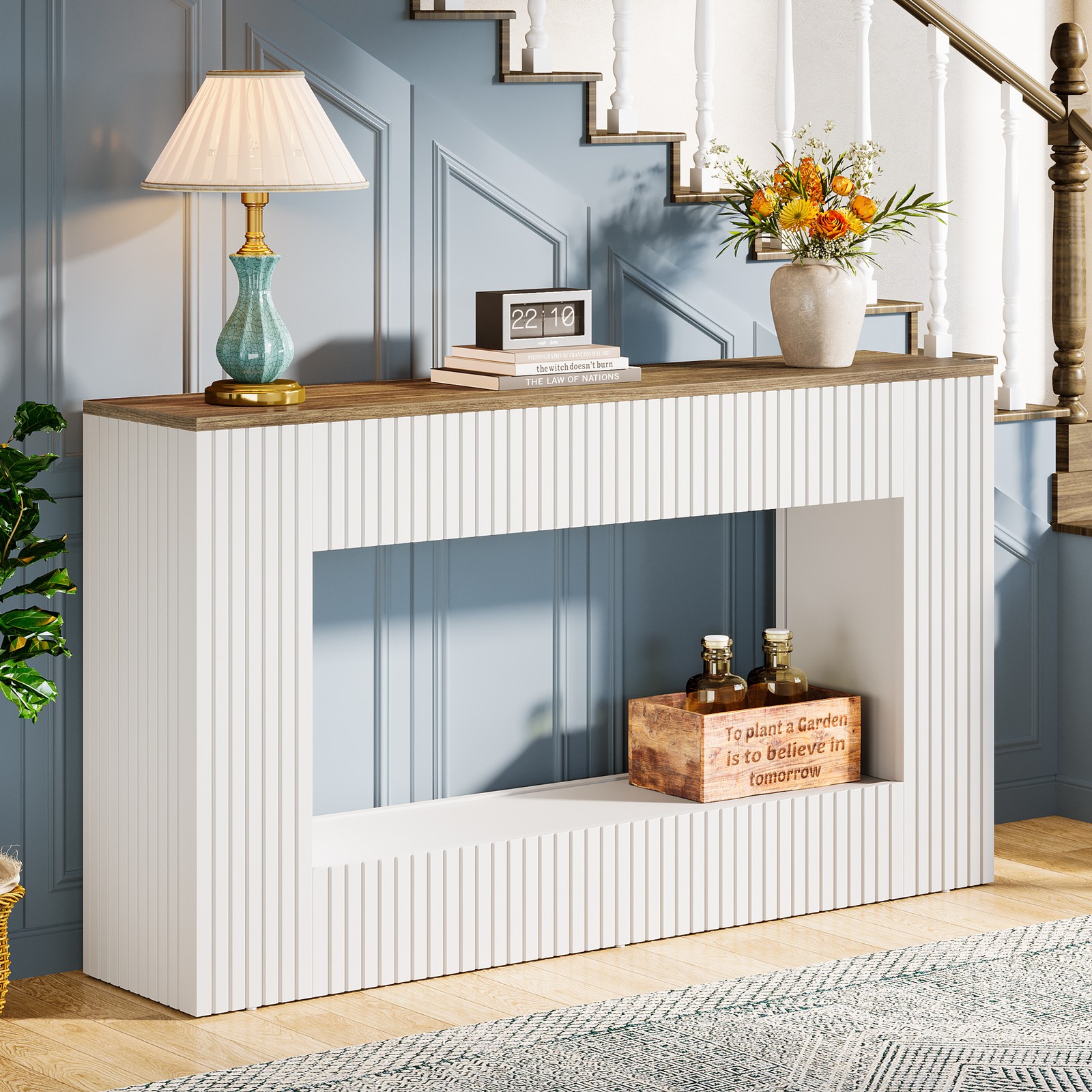 55-Inch Modern Console Table Long Wood Narrow Entryway Table w/ Storage Shelves