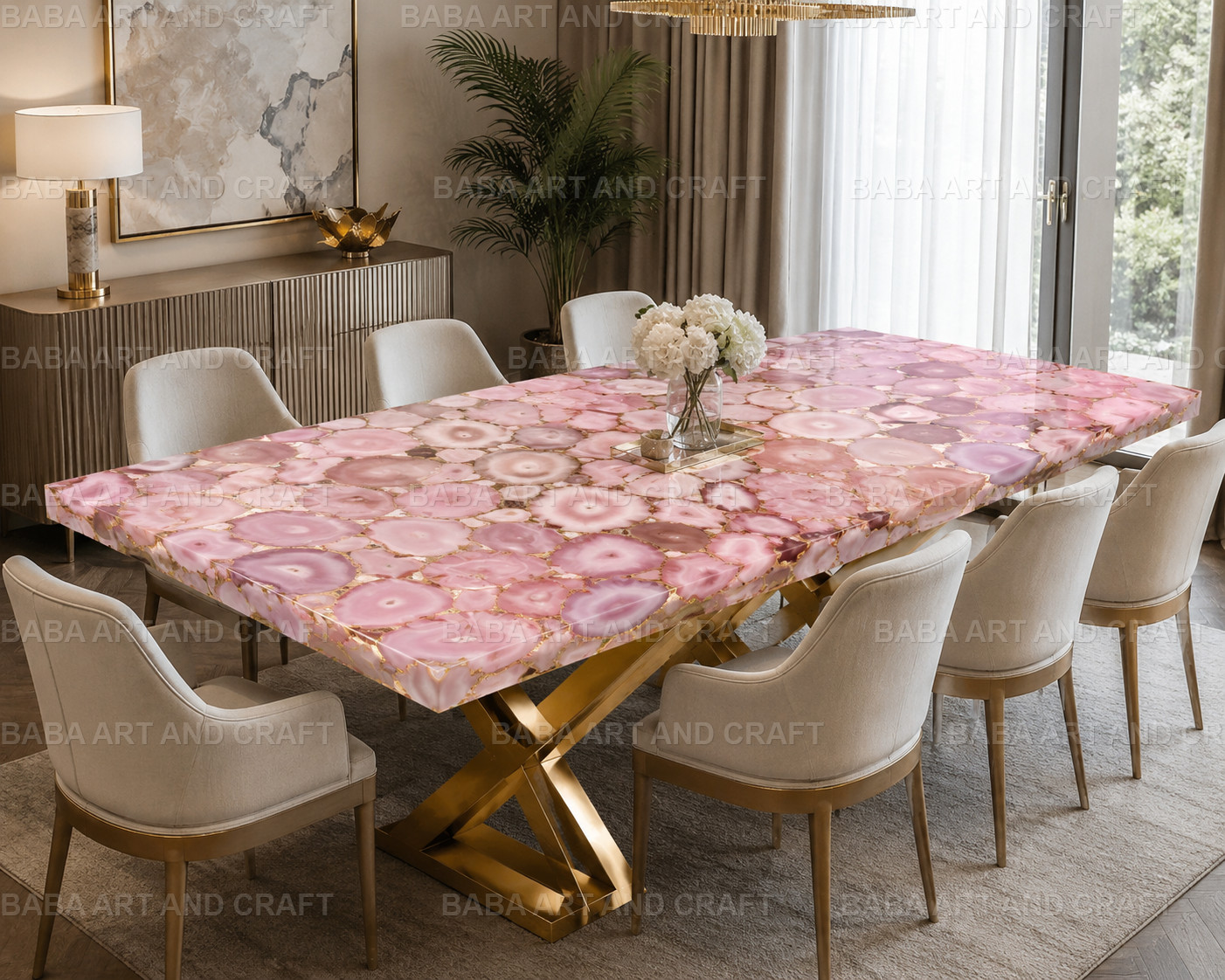 Pink Agate Dining Table Top | Luxury Gemstone Table | Natural Agate Slab | Custo