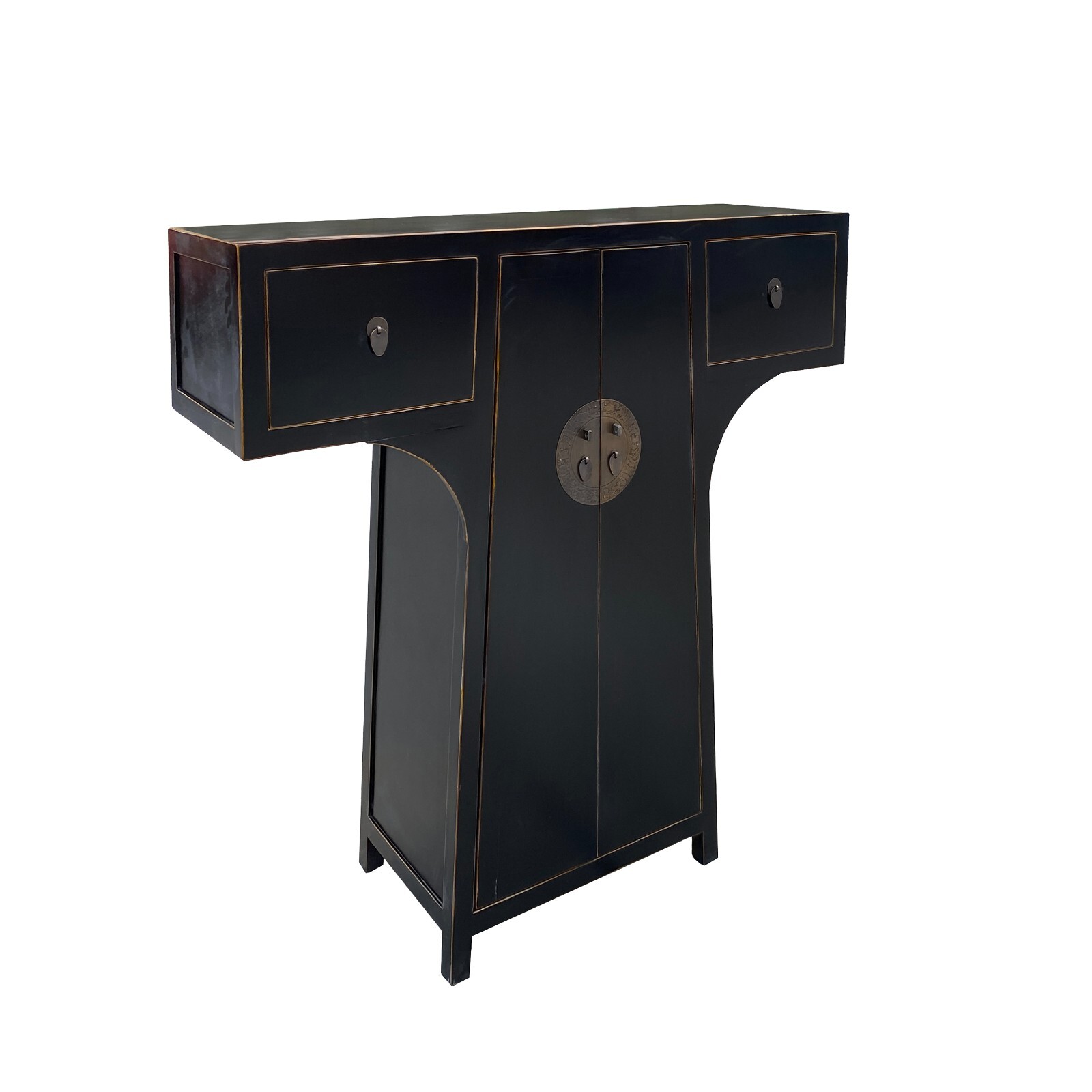 Chinese Moon Face T-Shape Black Lacquer Drawers Side Table Cabinet cs7478