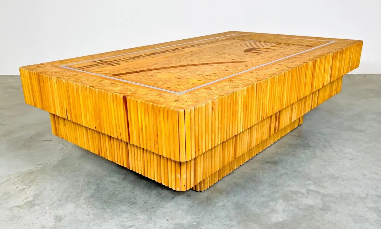 Patterned Marquetry Scenic Organic Doweled Teak Coffee Or Cocktail Table