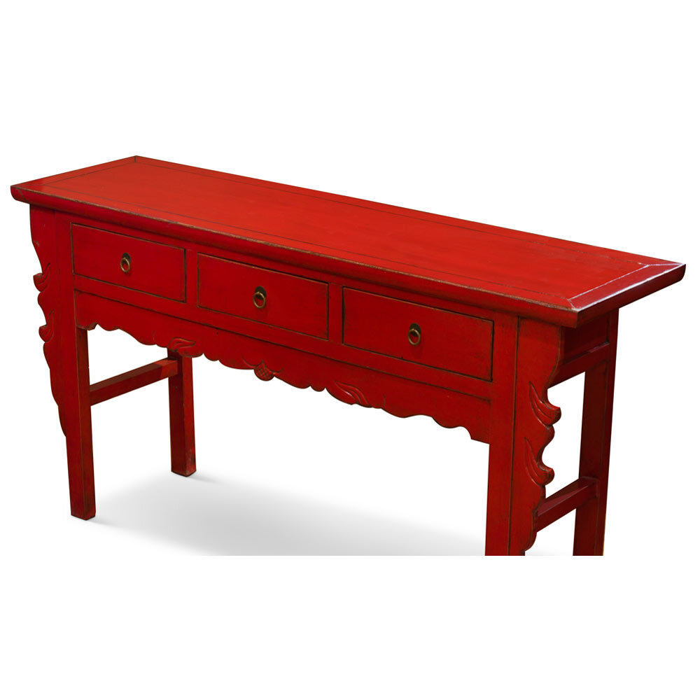 US Seller – Vintage Distressed Red Elmwood Oriental Console Table with Drawers