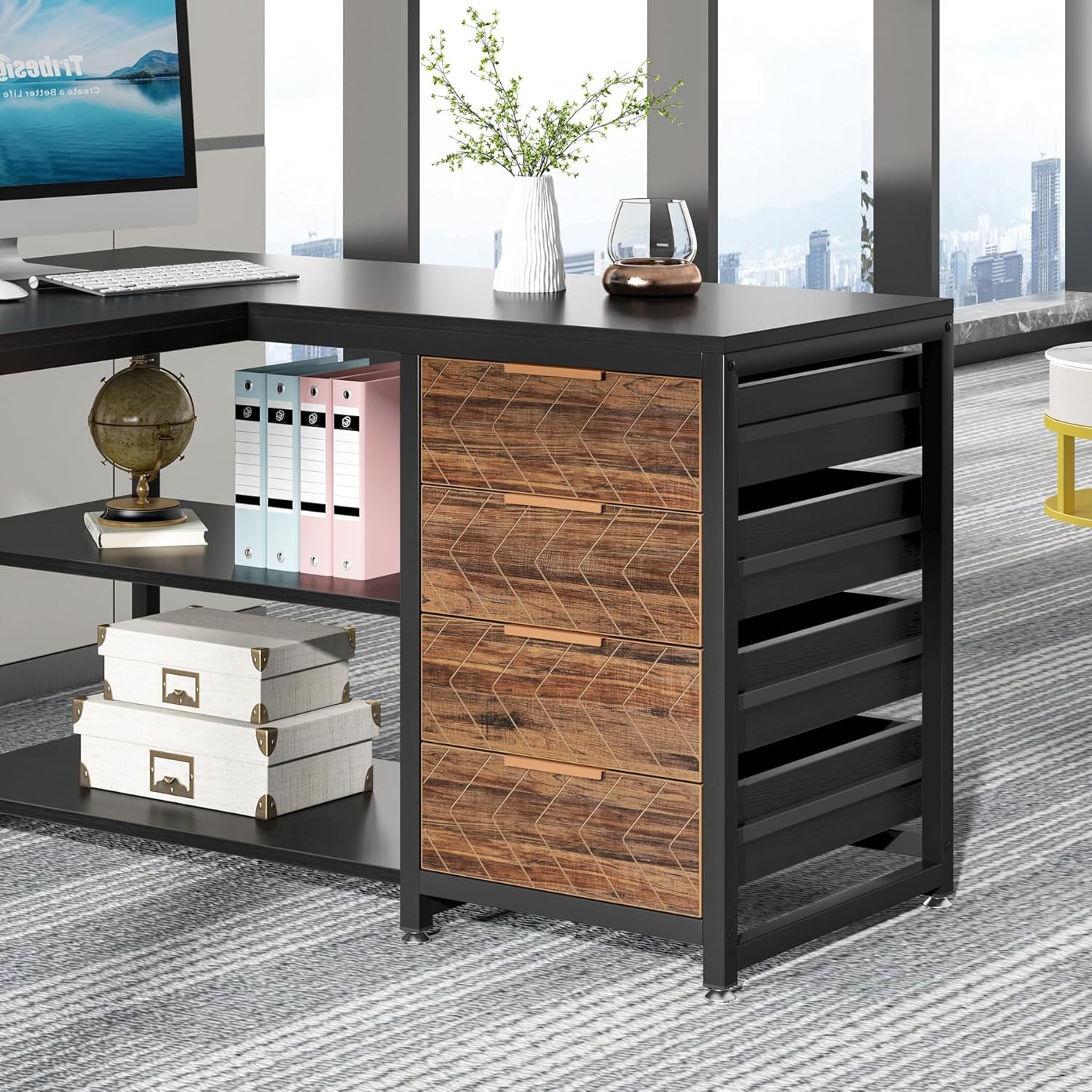 L Shaped Desk with 4 Drawers and 2 Storage Shelves, Reversible Computer Desk