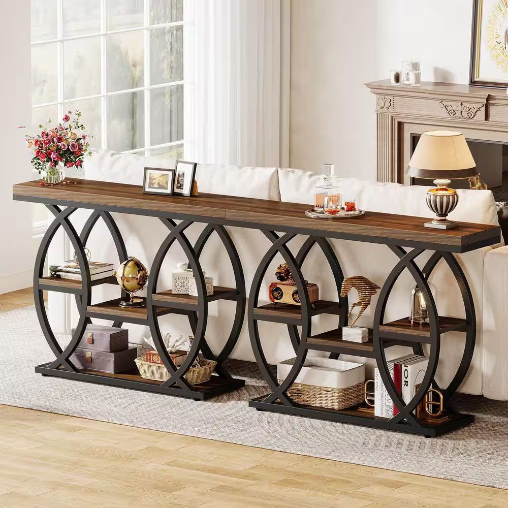 Turrella 39 In. Rustic Brown Rectangle Wood Console Table with Display Shelves,