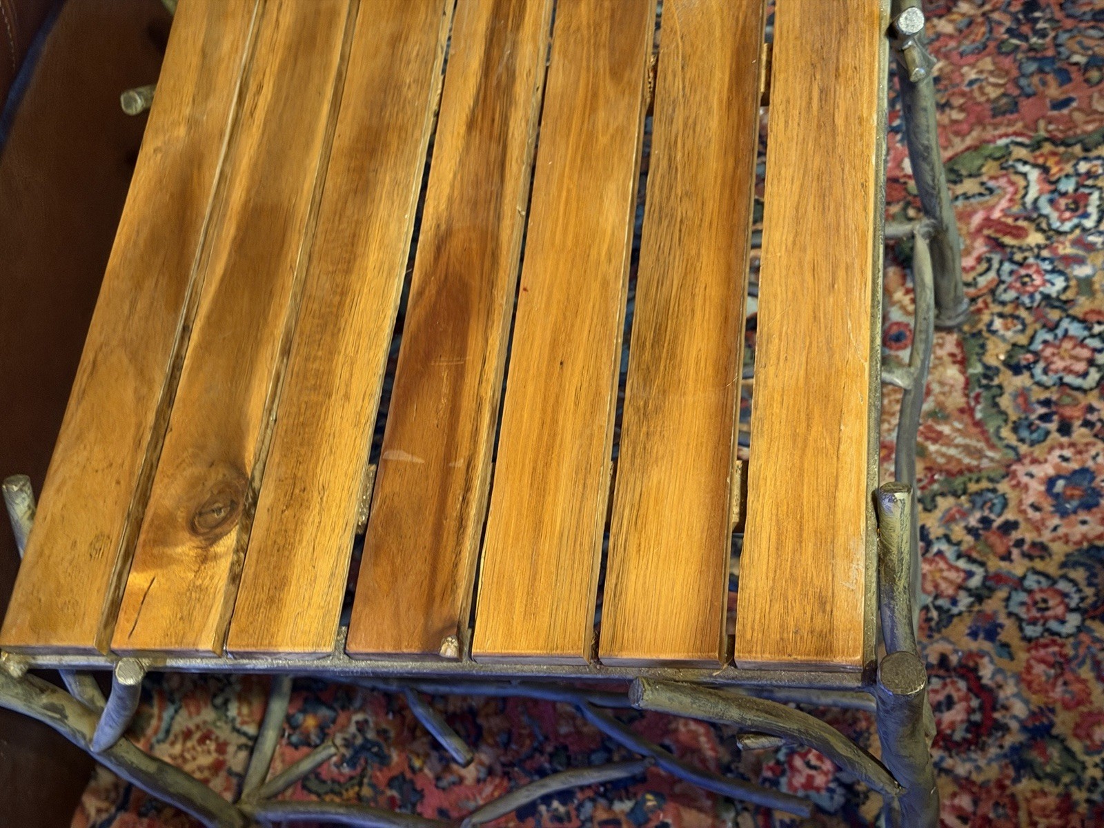 Rustic Teak Wood Slatted Metal Twig Side Table W/ Shelf !