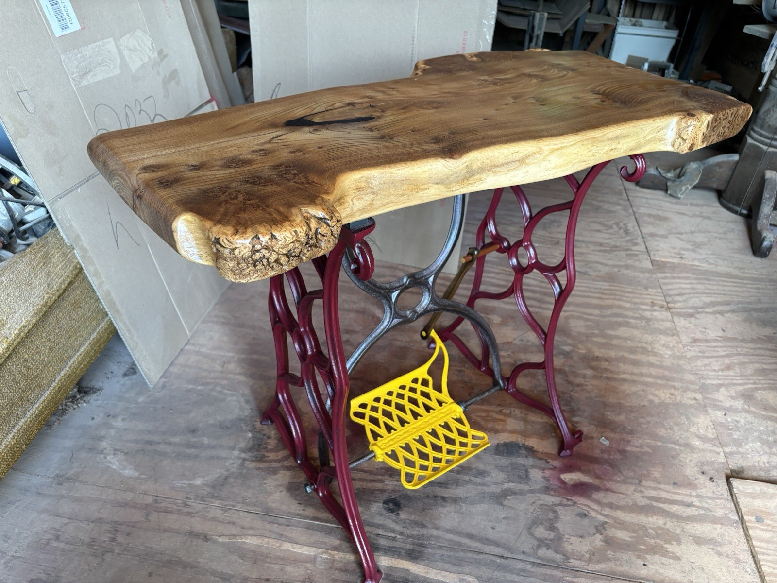 Handcrafted Live Edge Wood End Table Red Elm Burl Cast Iron Antique Style