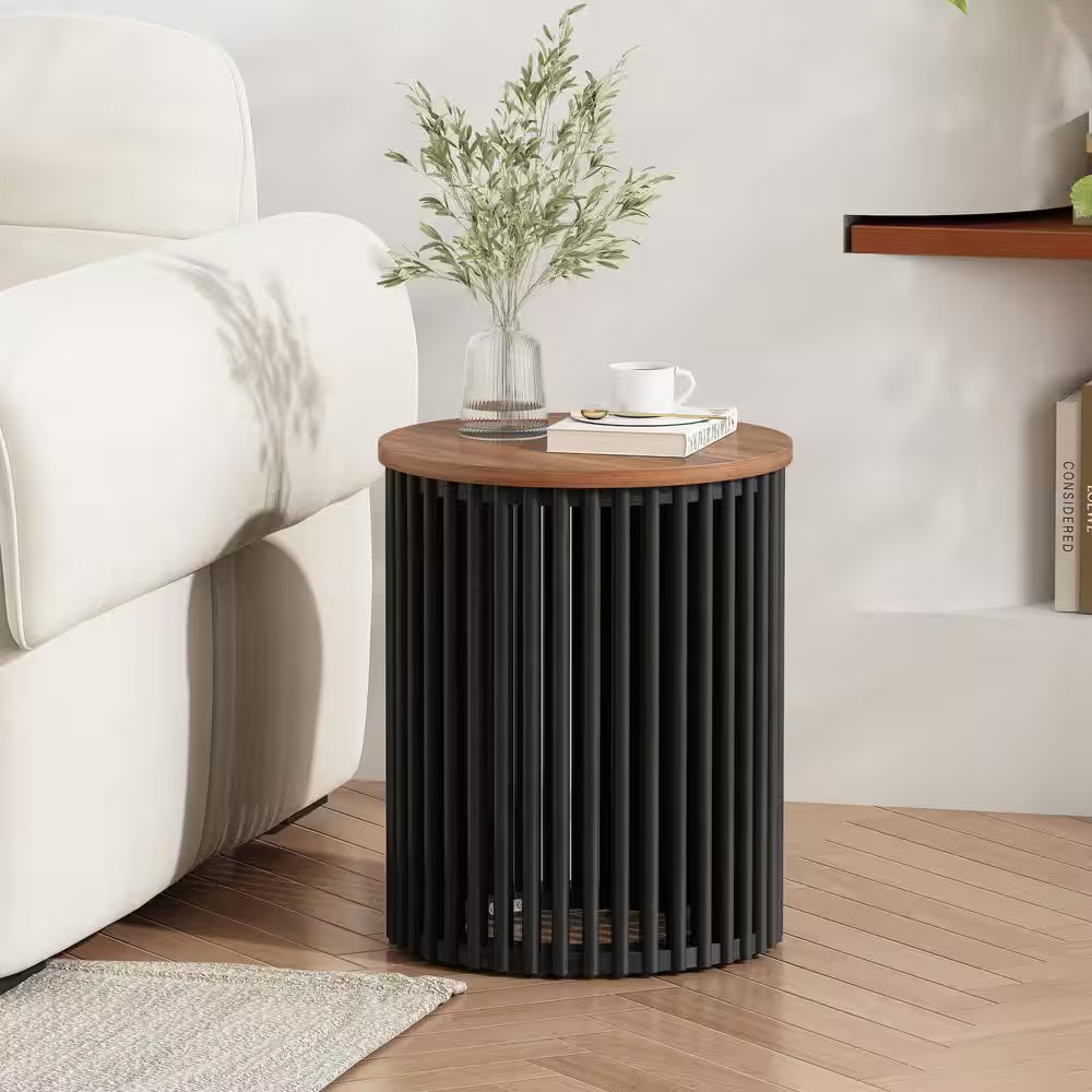 Bryce 17.5 In. Natural and Black round MDF End Table Side Table Solid Wood Base