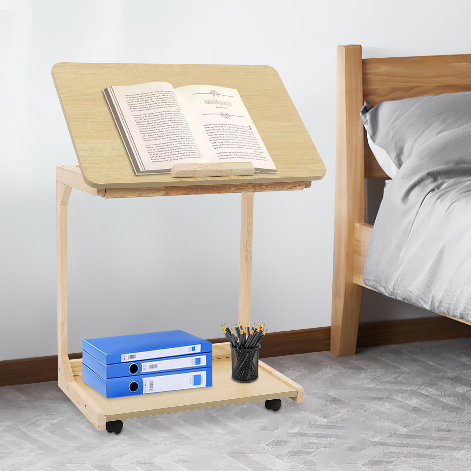 2 Tiers 23.62*15.75*24.8in MDF& Solid Wood C Shaped End Table With 4 Wheels