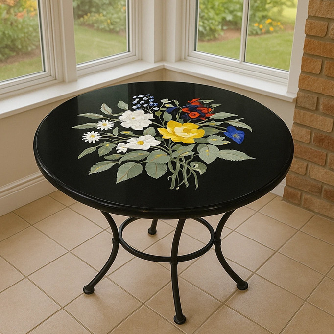 15″ Round Black Marble Multi Precious Stone Flowers Design Coffee Table Top