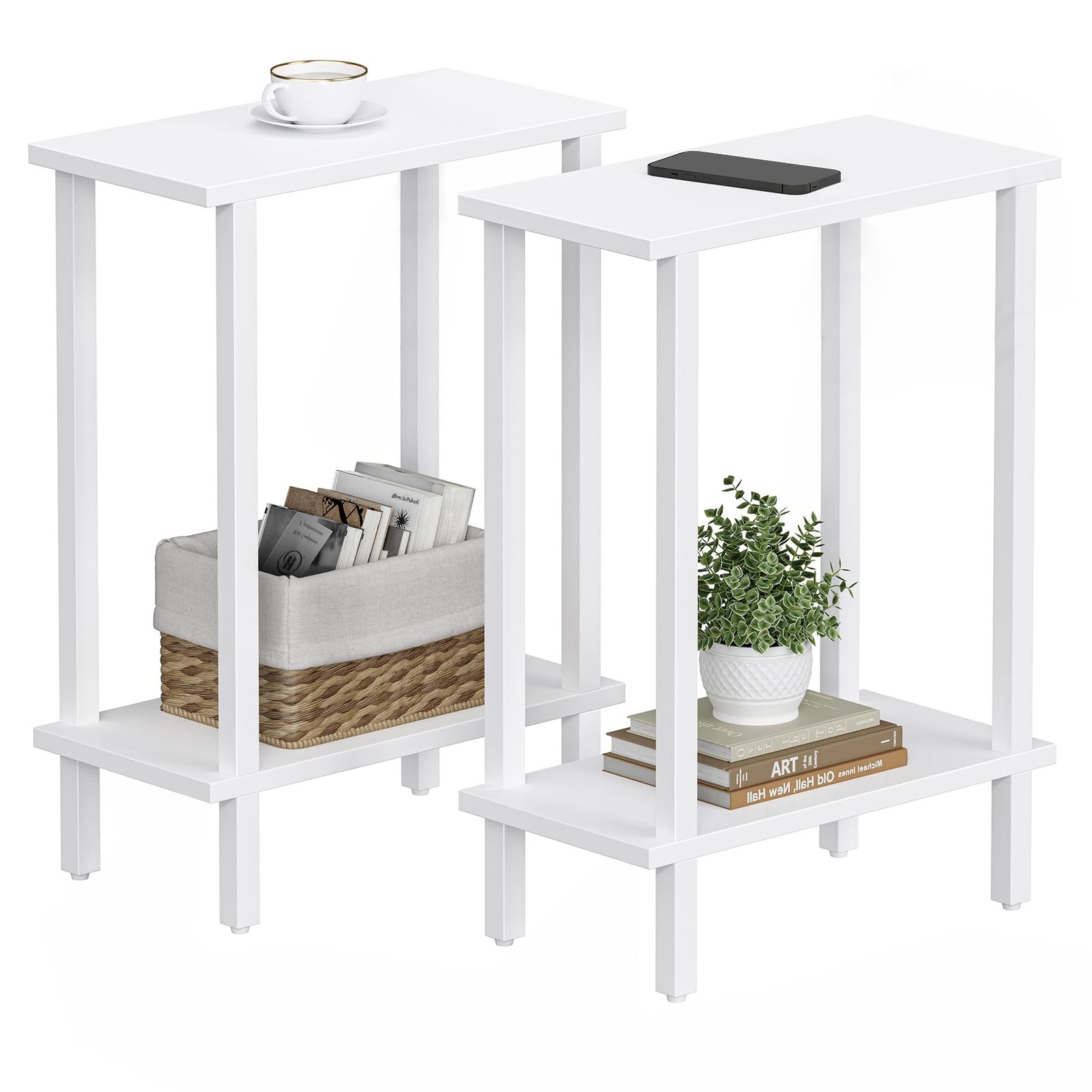 TUTOTAK Small Side Table, Narrow End 2-Tier（7.9″D x 15.8″W x 22.5″H）, White