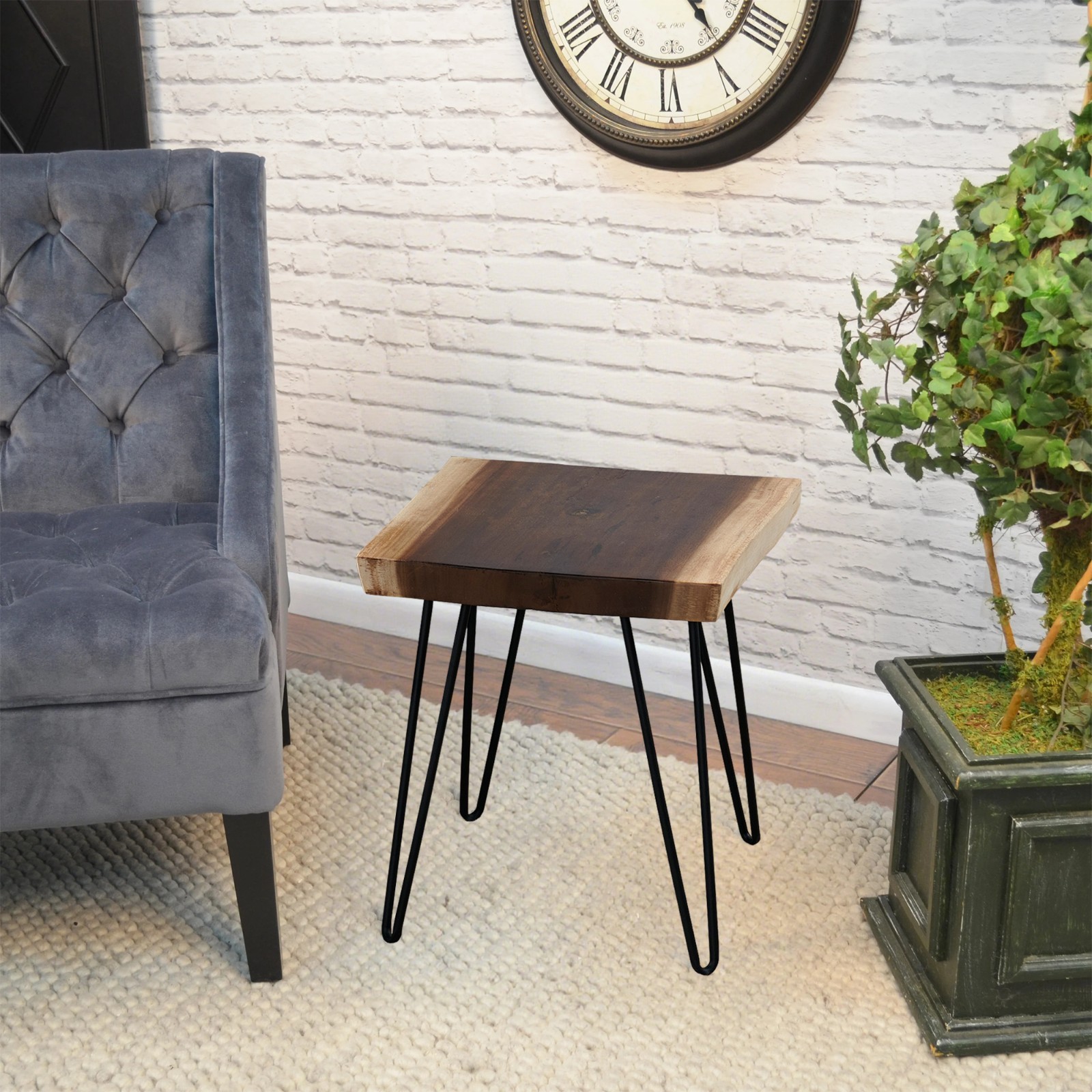 Natural Teak Wood Square End Side Table with Hairpin Legs 20.9″ H Home Decor