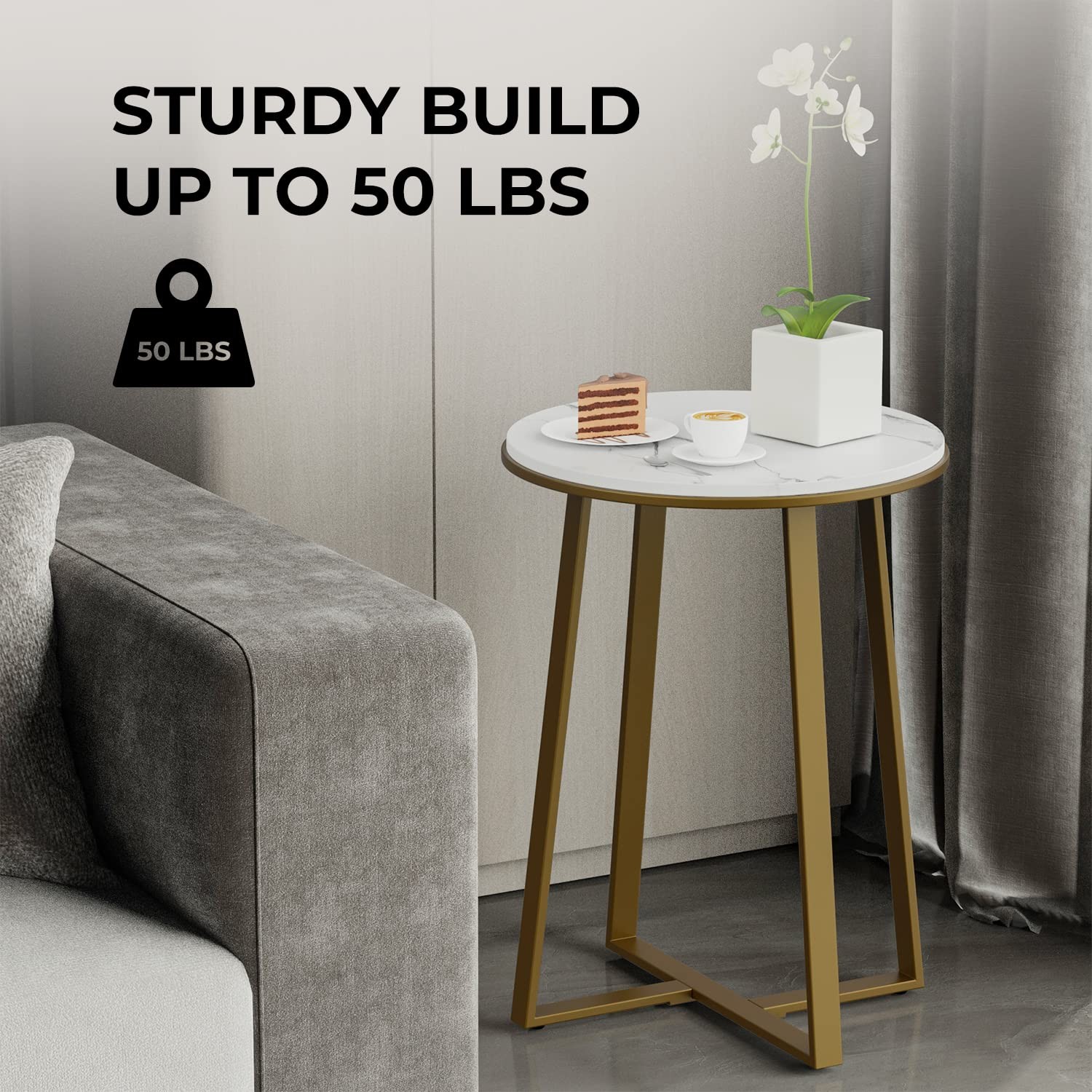 Round End Tables, Small Side Table White Marble Texture MDF ,Metal Frame Gold Co