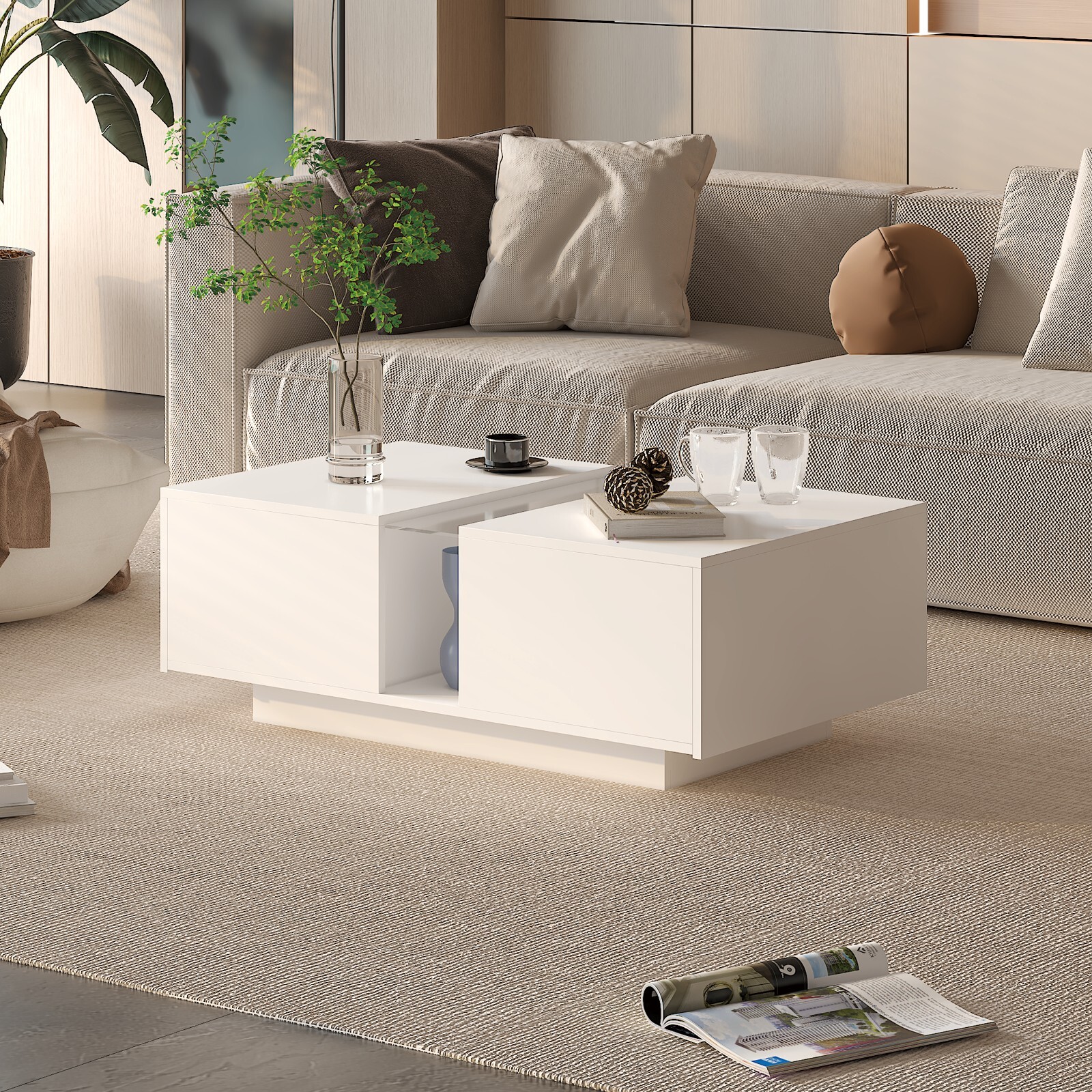 Led Coffee Table for Living Room Acrylic Coffee Tables with 2 Sliding Drawers