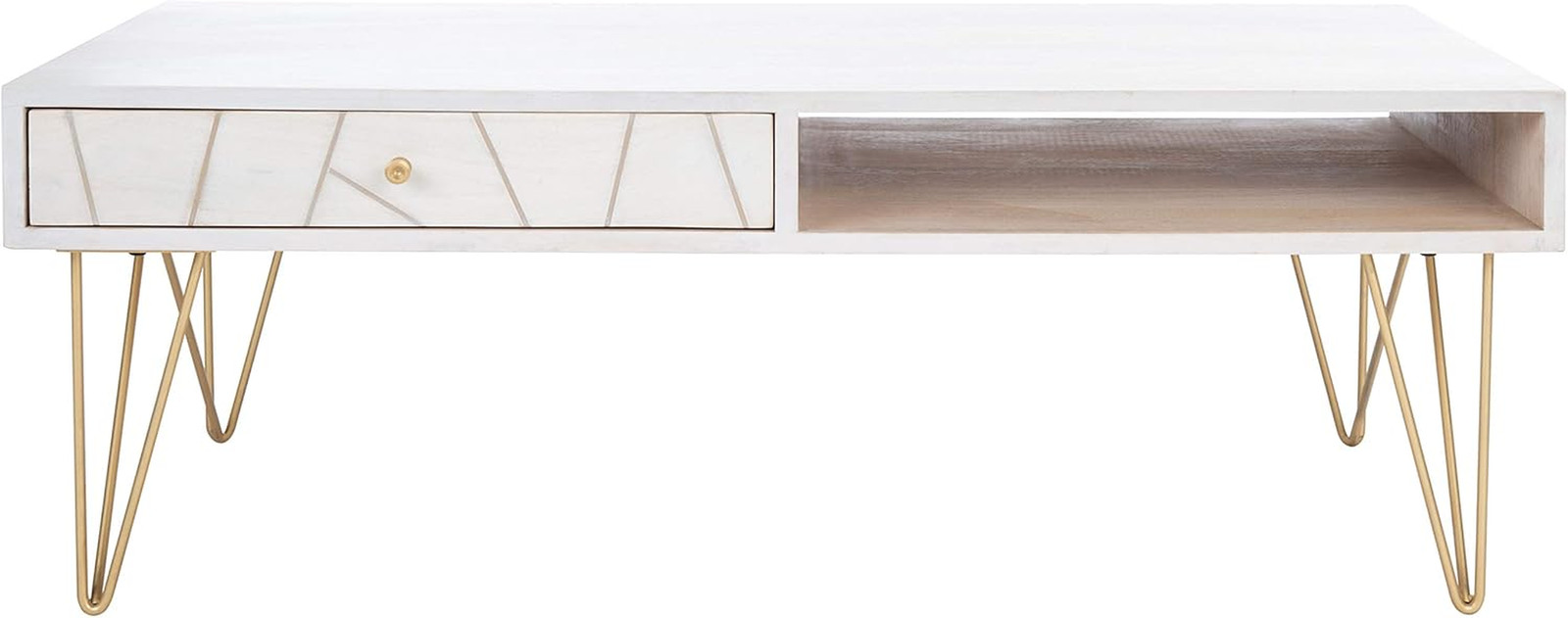 Mid-Century White Wash Coffee Table with Brass Hairpin Legs – Marigold Collectio