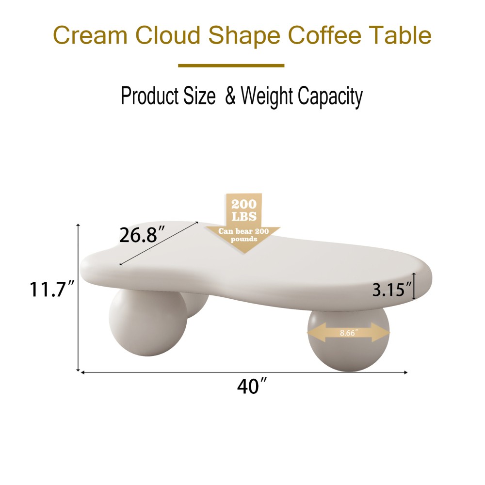40 Inch Cloud Shaped Coffee Table with 3 Ball Legs for Living Room, Cream White