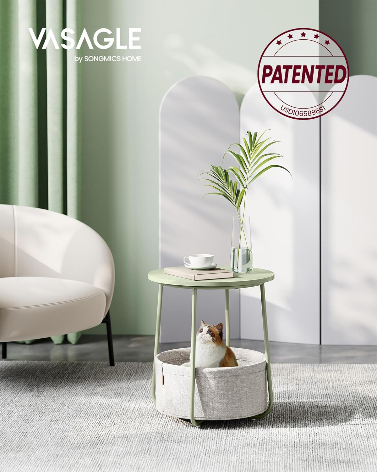 LILEA Collection – Small round Side End Table, Modern Nightstand with Fabric Bas