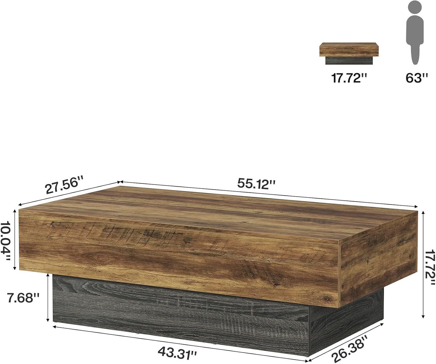 55-Inch Farmhouse Wood Coffee Table, Large Rectangle Tea Table for Living Room