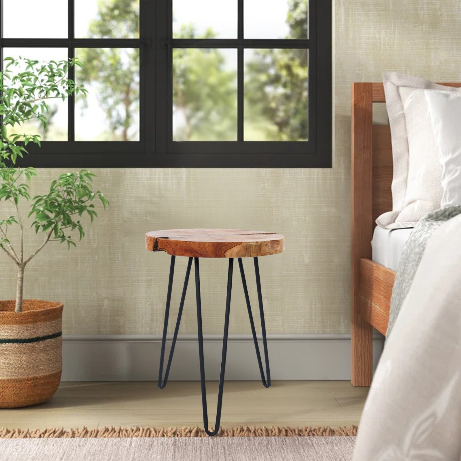 Greenage Rustic Teak Round End Table –Natural Wood Side Table Nightstand 21″ H