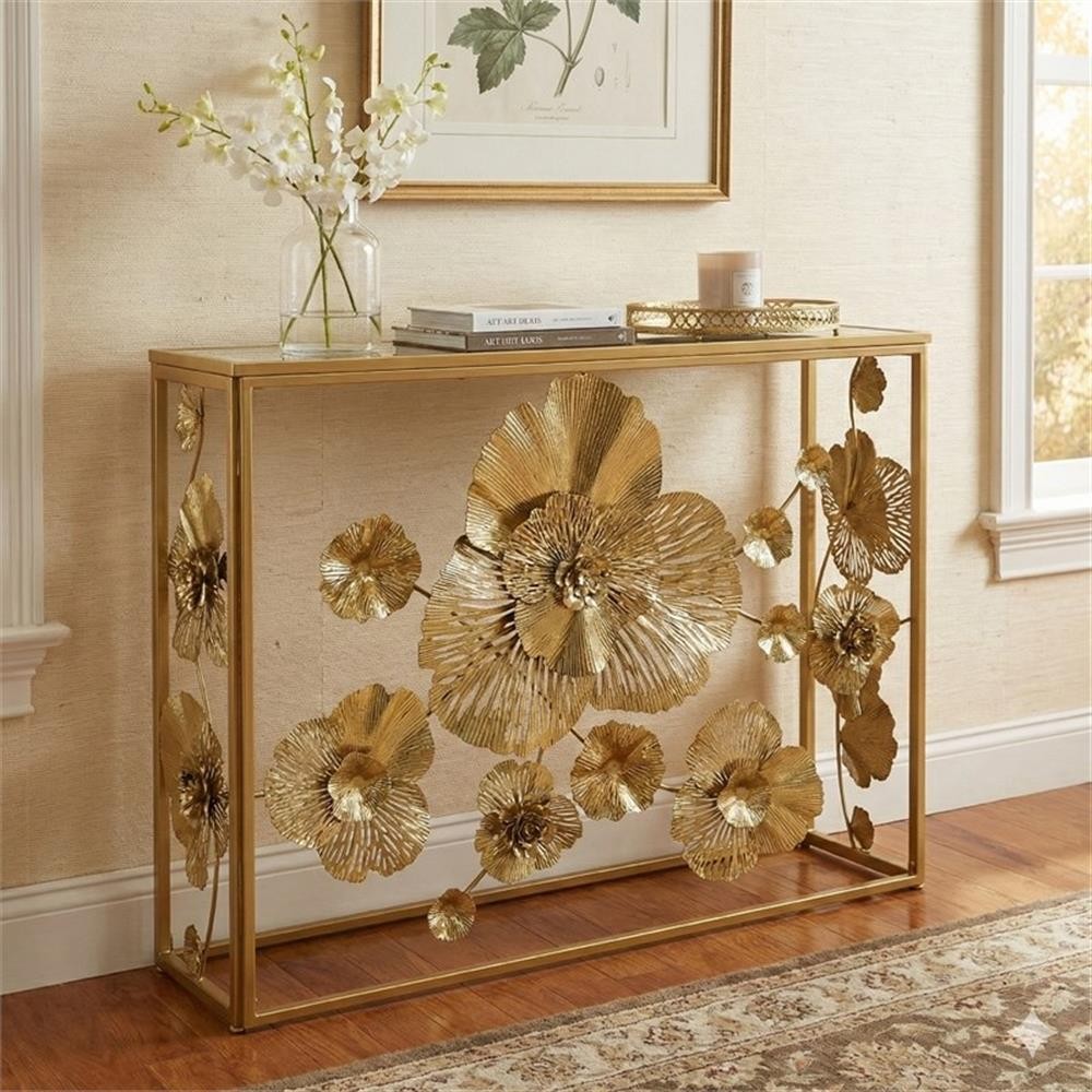Pemberly Row 39″ Iron Console Table with Mirrored Top and Floral Design in Gold