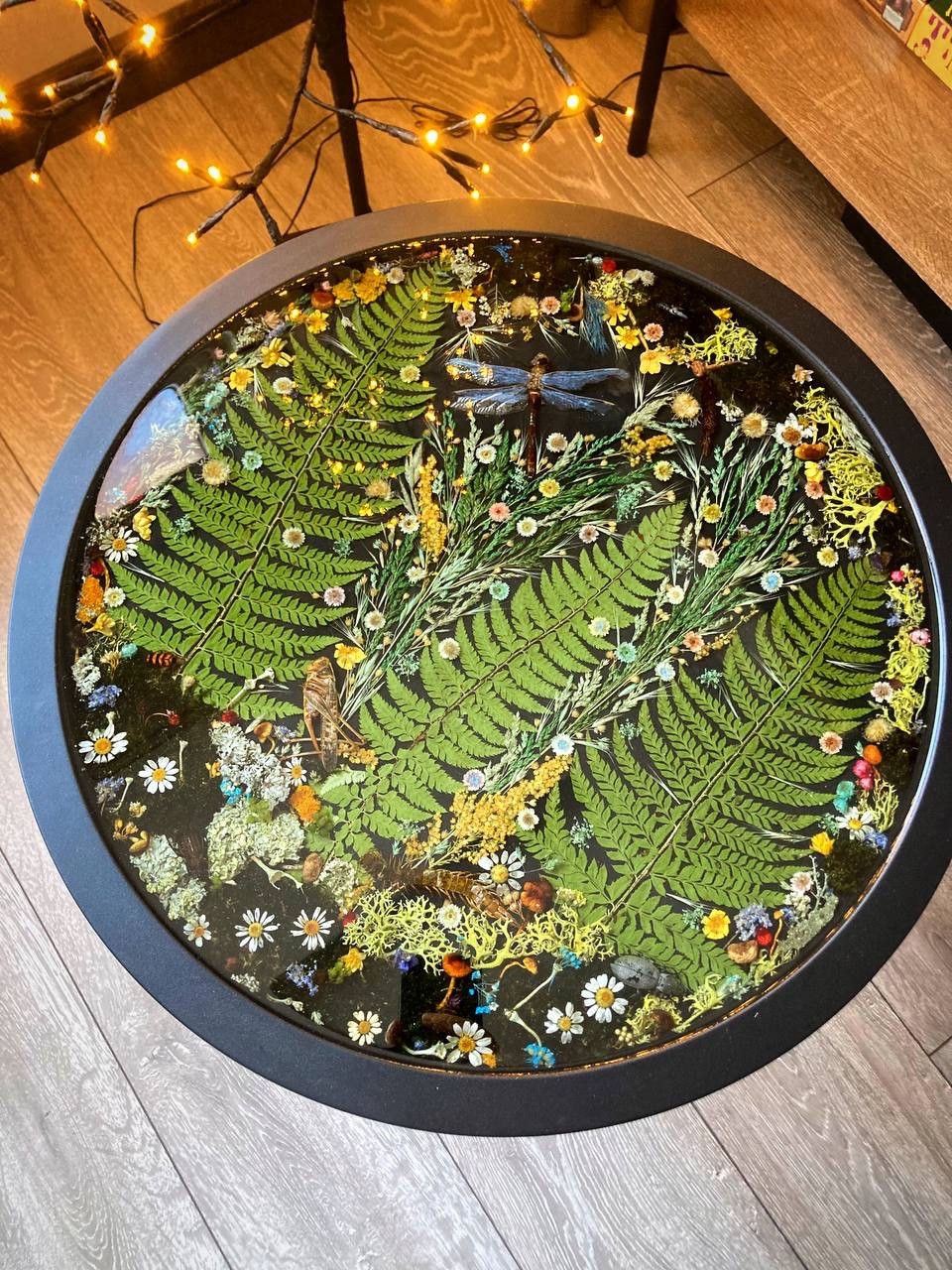 Handmade Epoxy Resin Side Table with Real Flowers, Mushrooms