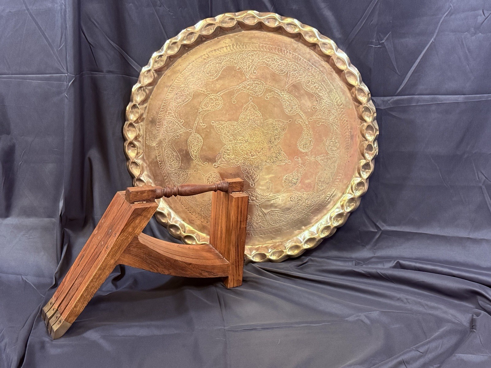 Vintage Brass Boho Moroccan Tray Folding Teak Wood Table Pie Crust MCM