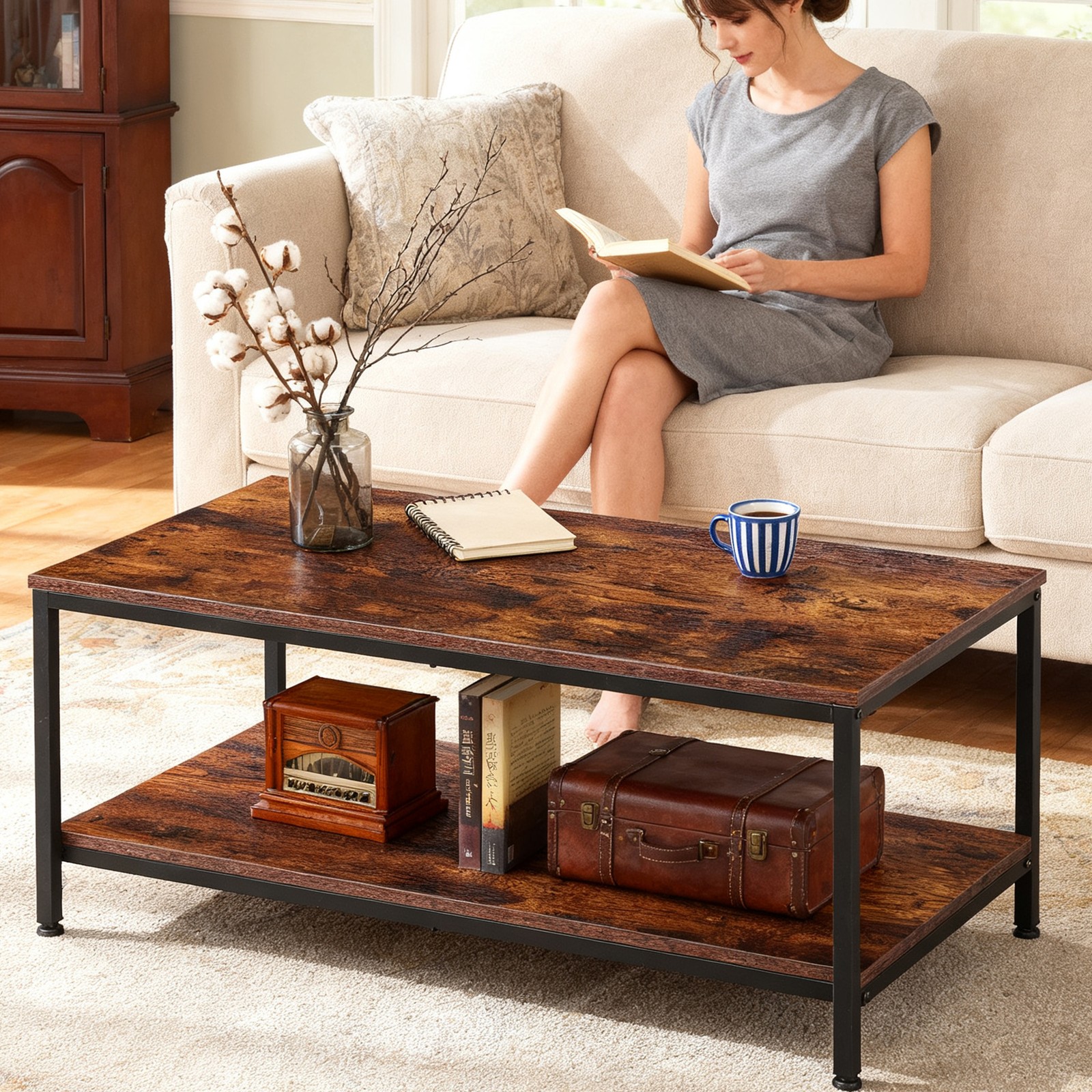 39″ Rectangular Coffee Table Industrial Wood Center Table w/ Storage Shelf Brown